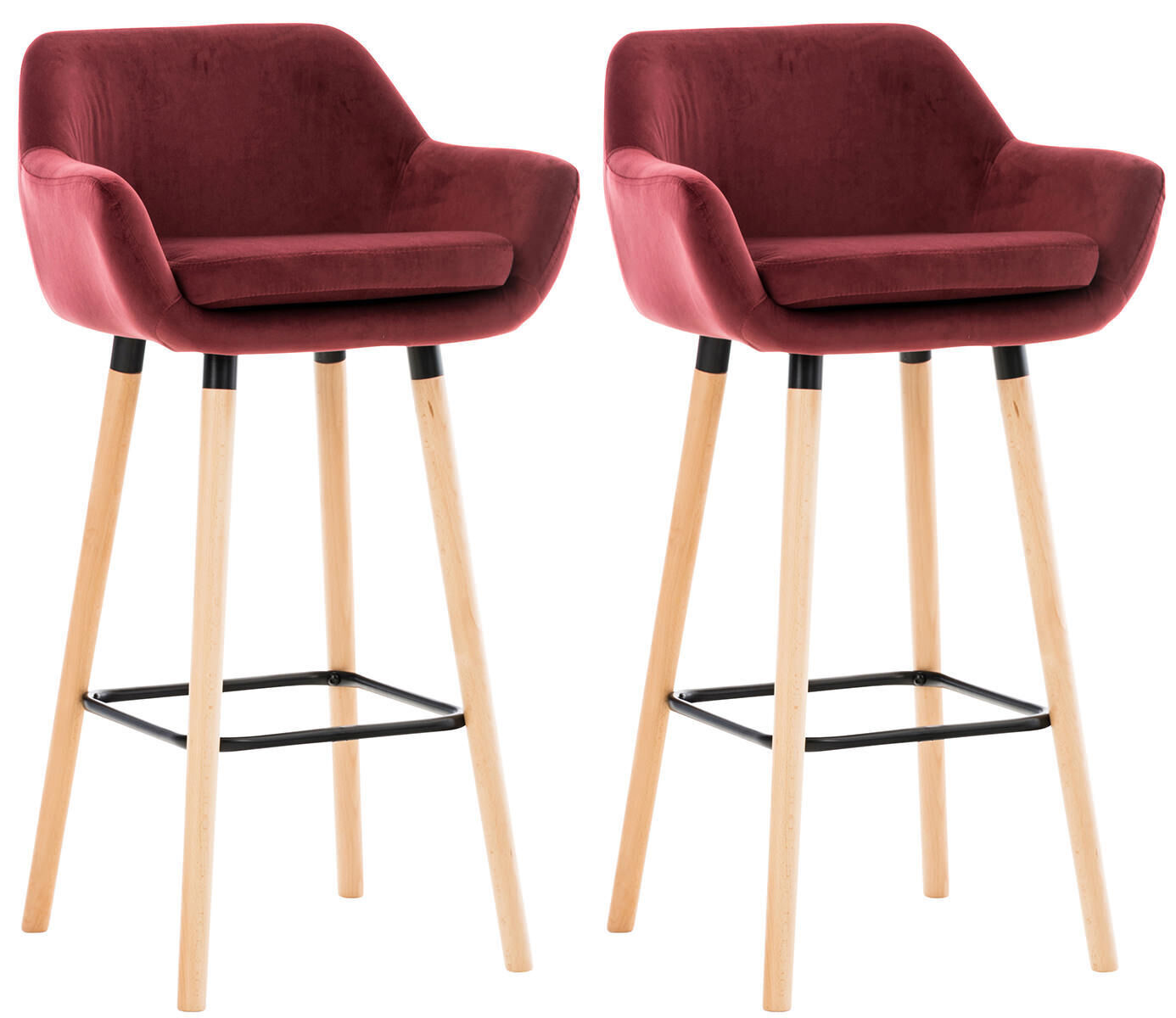 Lot De 2 Tabourets De Bar En Velours Rouge Pieds En Bois Avec Repose-pieds 10_0000689