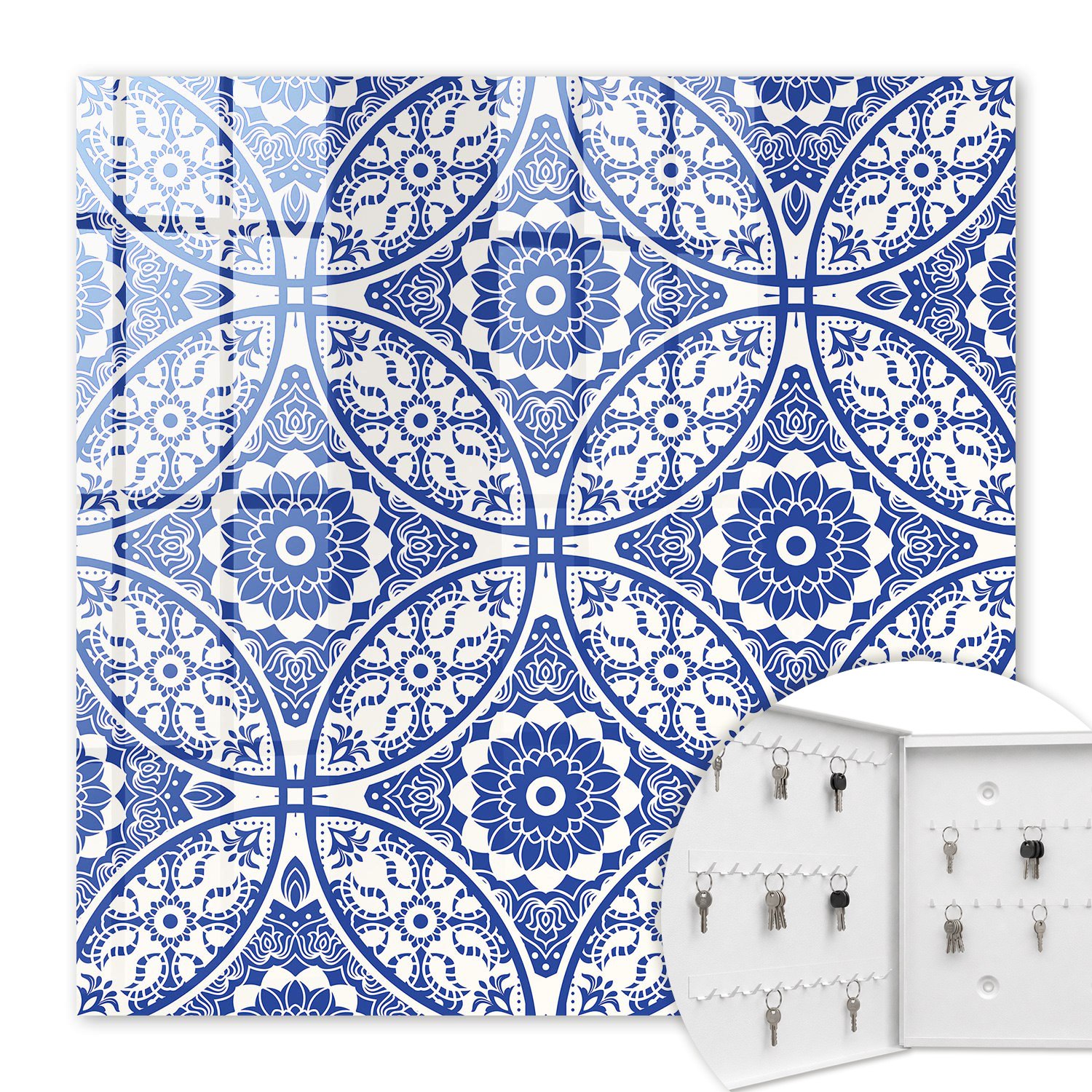 Armoire À Clés - (30 Cm X 30 Cm) - Boîte À Clés Murale - Coffret De Rangement Pour Clés - Couleur Blanche - Ouverture Vers La Gauche - Pour Maison Et Bureau - Mosaïque Bleue