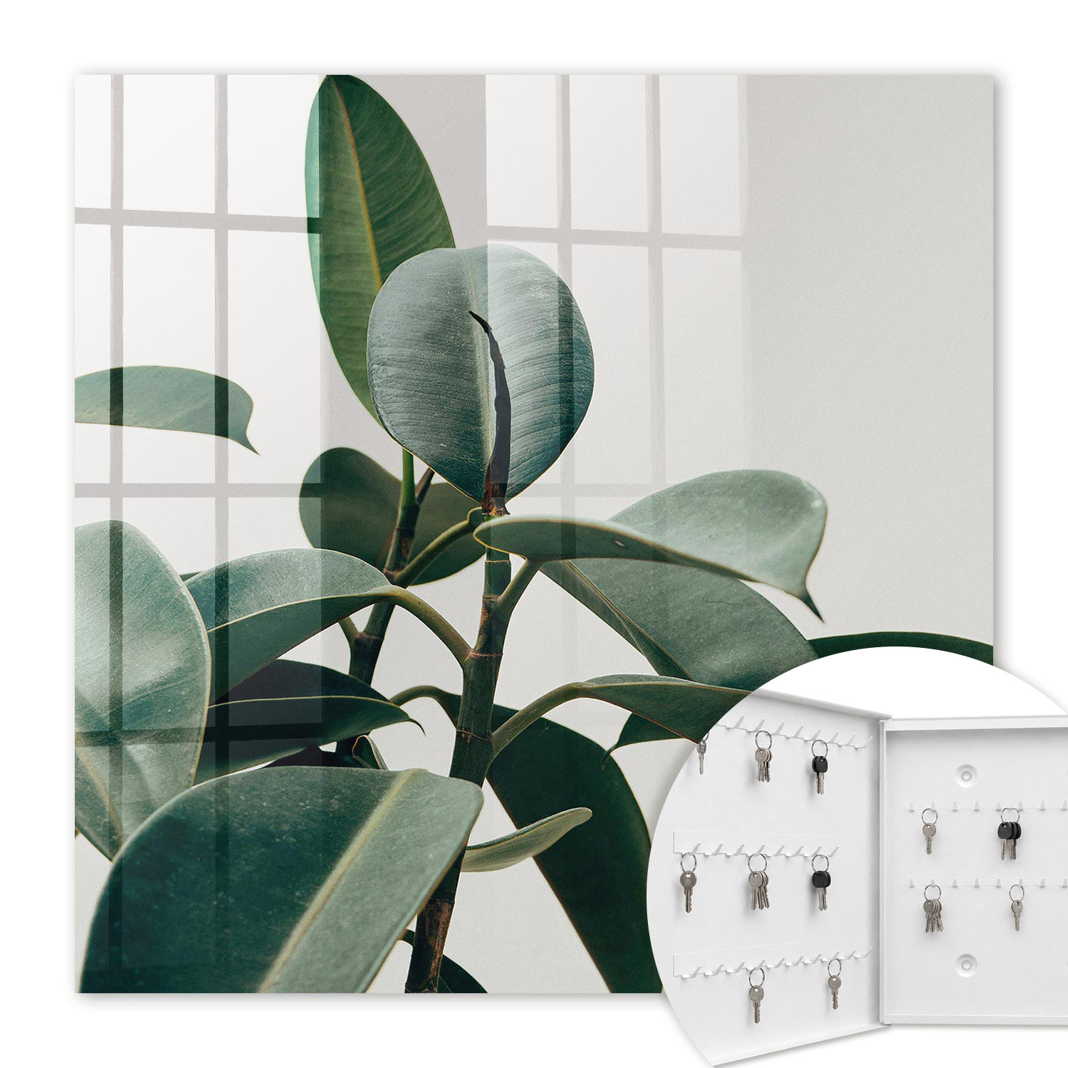 Armoire À Clés - (30 Cm X 30 Cm) - Boîte À Clés Murale - Coffret De Rangement Pour Clés - Couleur Blanche - Ouverture Vers La Gauche - Pour Maison Et Bureau - Feuilles De Ficus