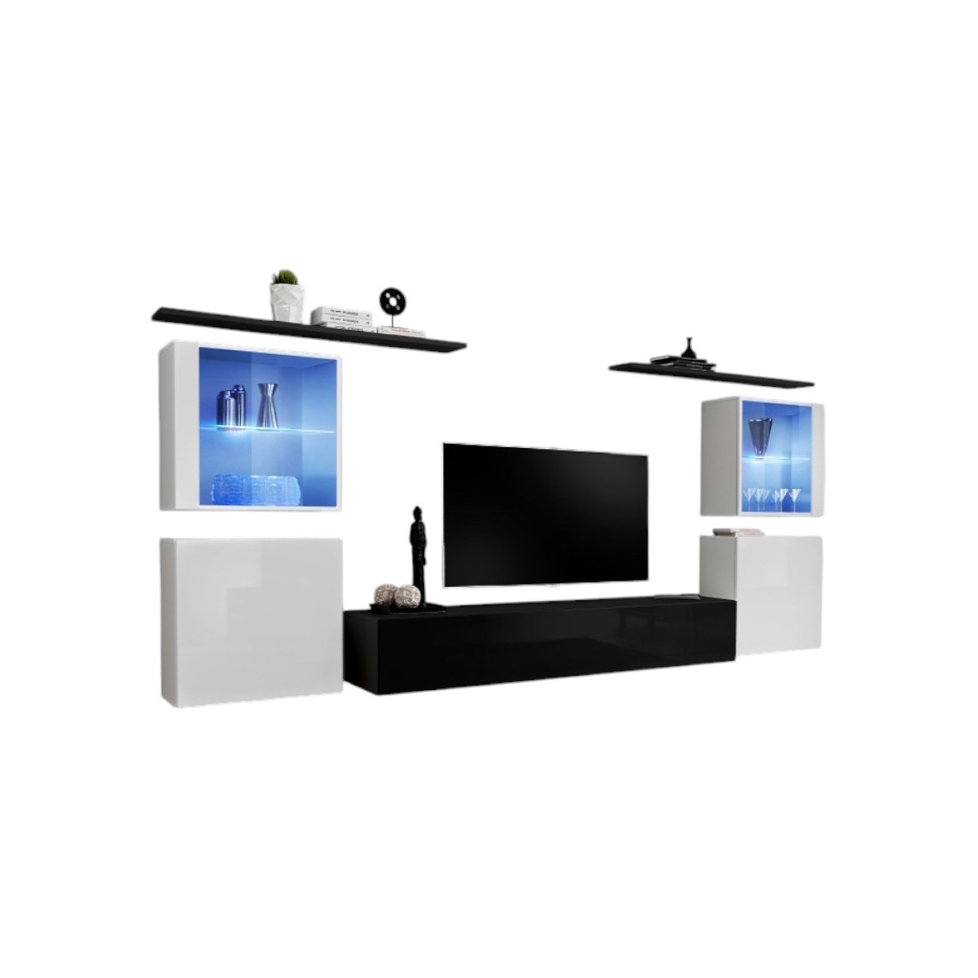 Meublorama - Ensemble Meuble Salon Mural Switch Xiv Design, Coloris Noir Et Blanc Brillant.