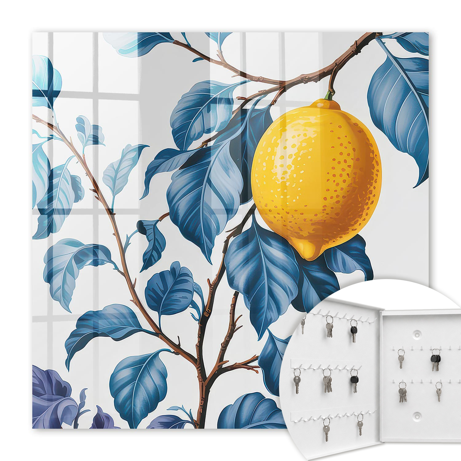 Armoire À Clés - (30 Cm X 30 Cm) - Boîte À Clés Murale - Coffret De Rangement Pour Clés - Couleur Blanche - Ouverture Vers La Gauche - Pour Maison Et Bureau - Feuilles De Citronnier
