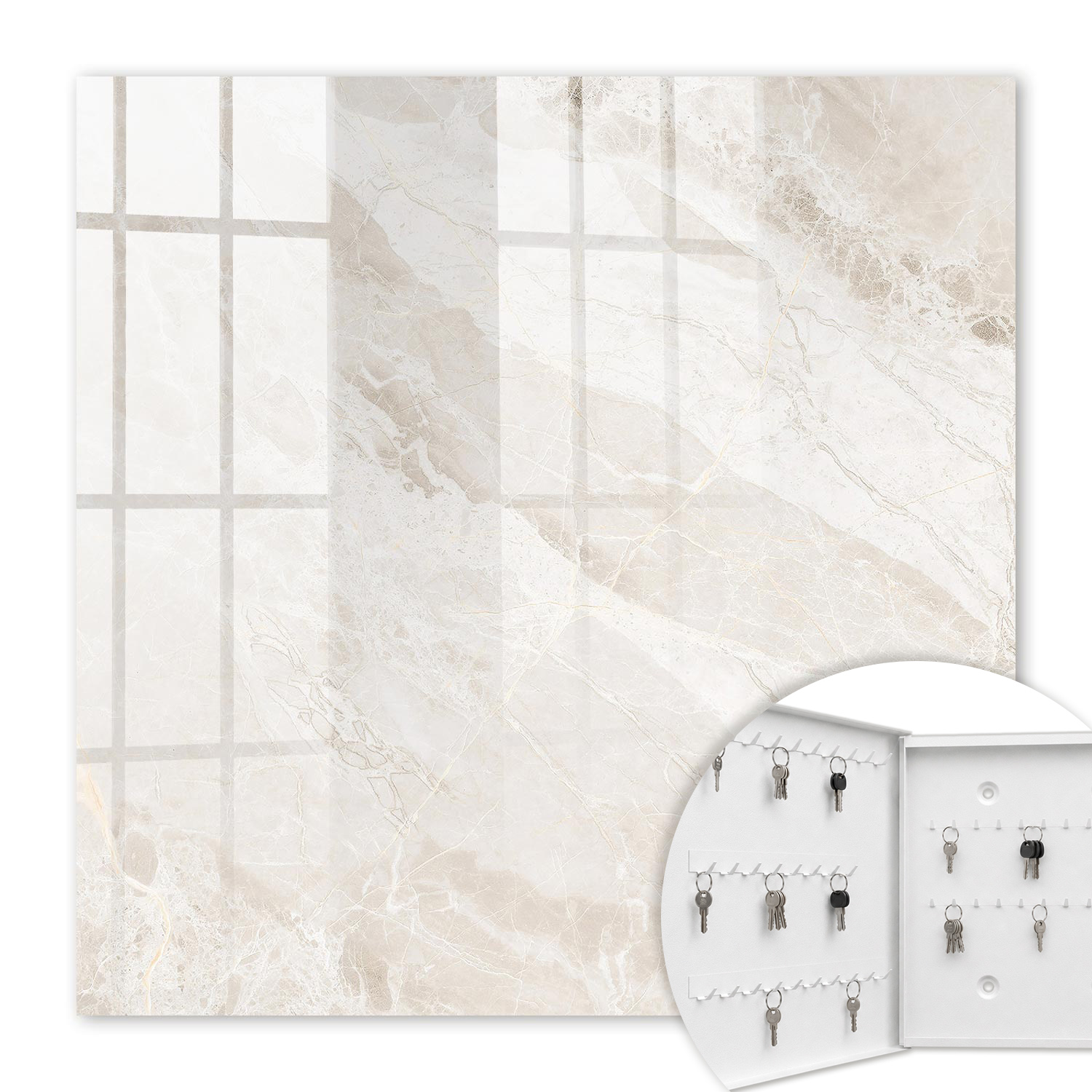 Armoire À Clés - (30 Cm X 30 Cm) - Boîte À Clés Murale - Coffret De Rangement Pour Clés - Couleur Blanche - Ouverture Vers La Gauche - Pour Maison Et Bureau - Marbre Neutre