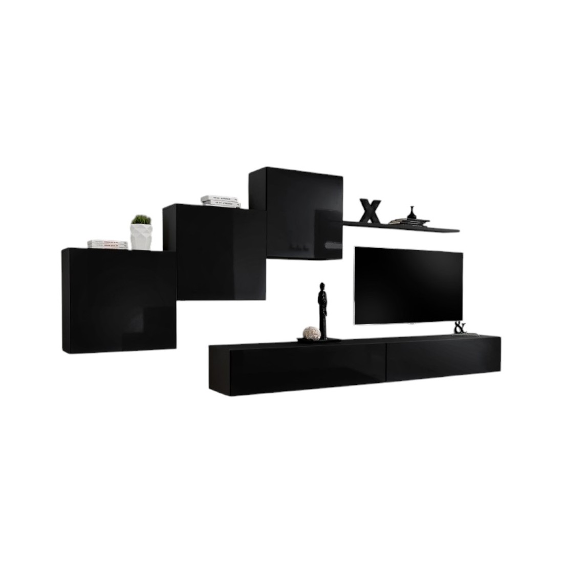 Composition Murale Switch X - Meuble Tv Mural, Cubes Suspendus Et Étagère - Noir Bril