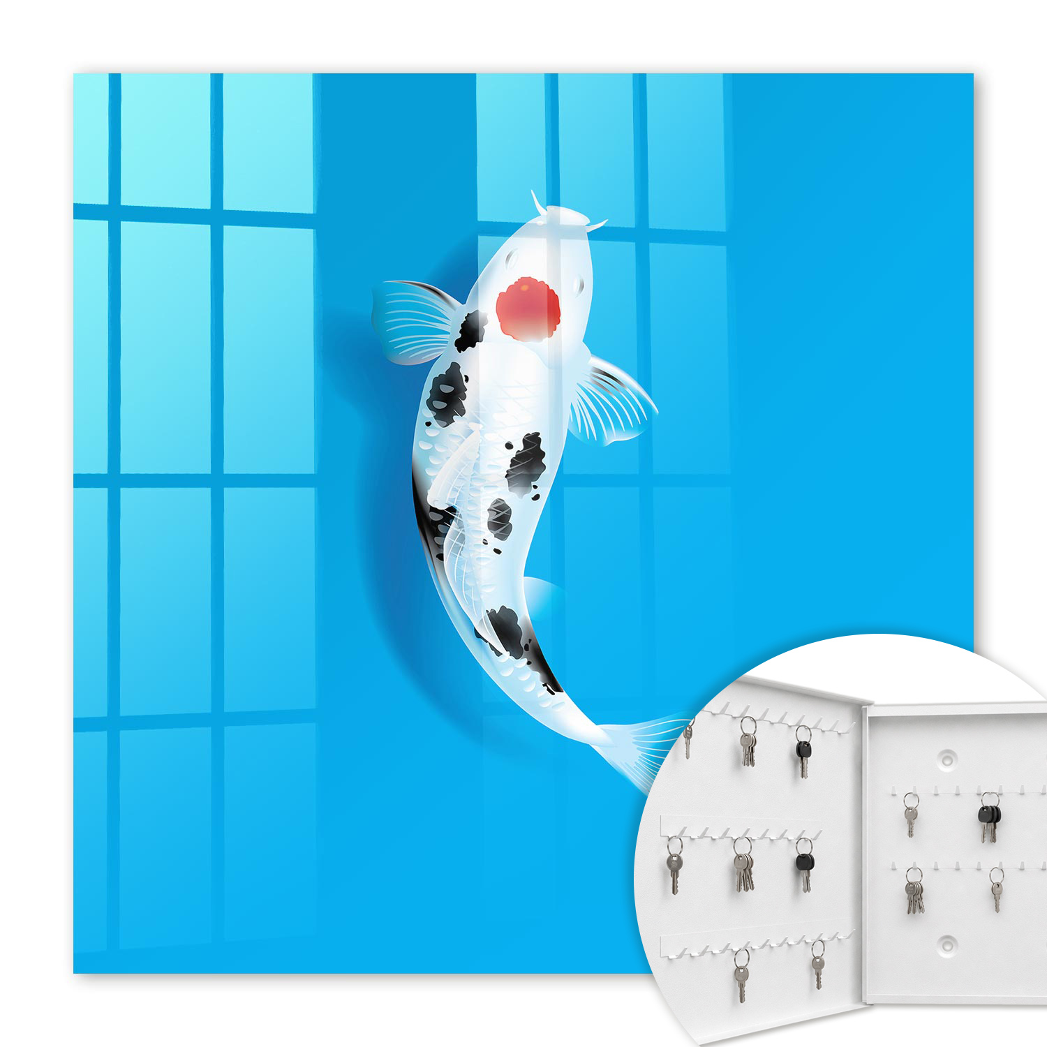 Armoire À Clés - (30 Cm X 30 Cm) - Boîte À Clés Murale - Coffret De Rangement Pour Clés - Couleur Blanche - Ouverture Vers La Gauche - Pour Maison Et Bureau - Poissons Koï