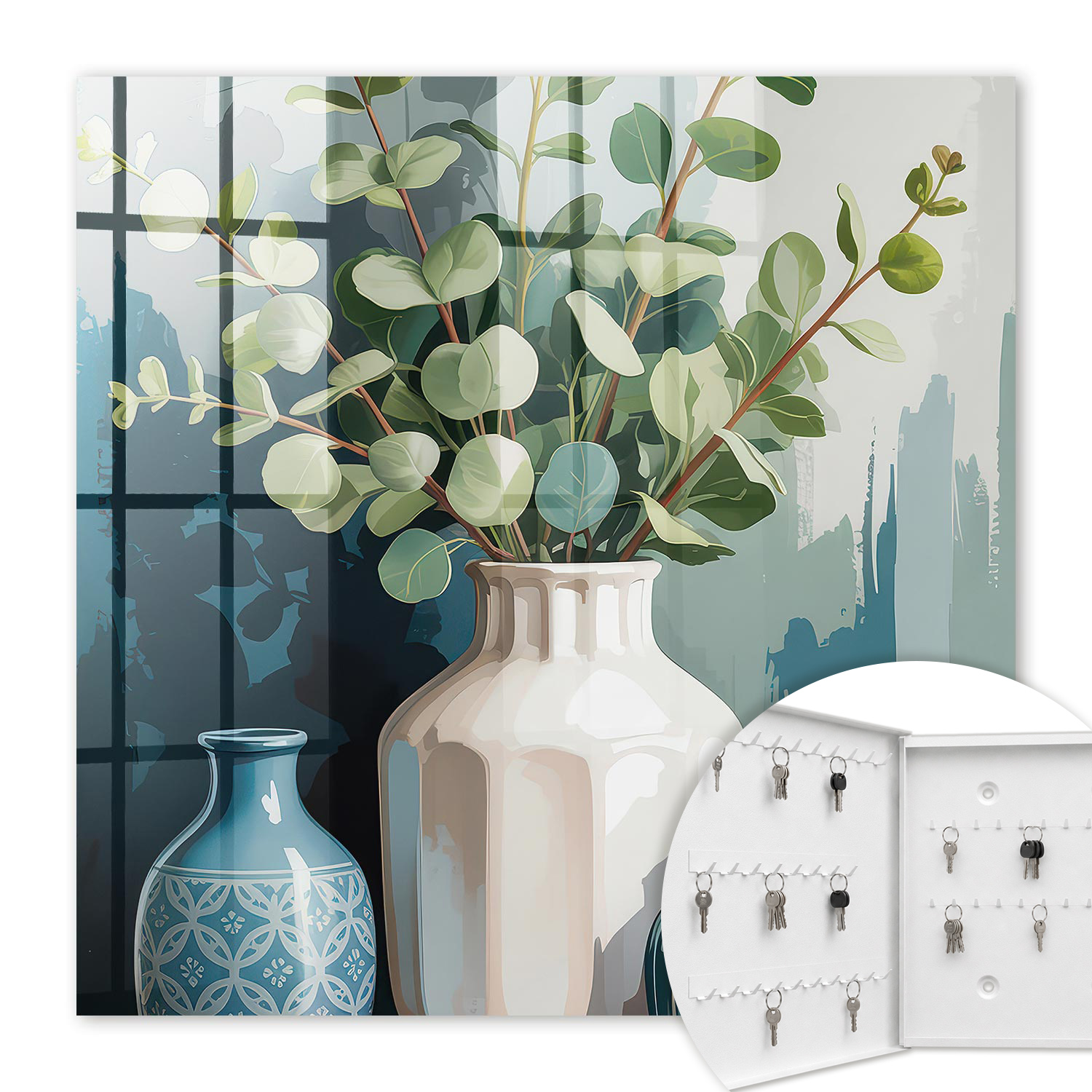 Armoire À Clés - (30 Cm X 30 Cm) - Boîte À Clés Murale - Coffret De Rangement Pour Clés - Couleur Blanche - Ouverture Vers La Gauche - Pour Maison Et Bureau - Vases Et Feuilles