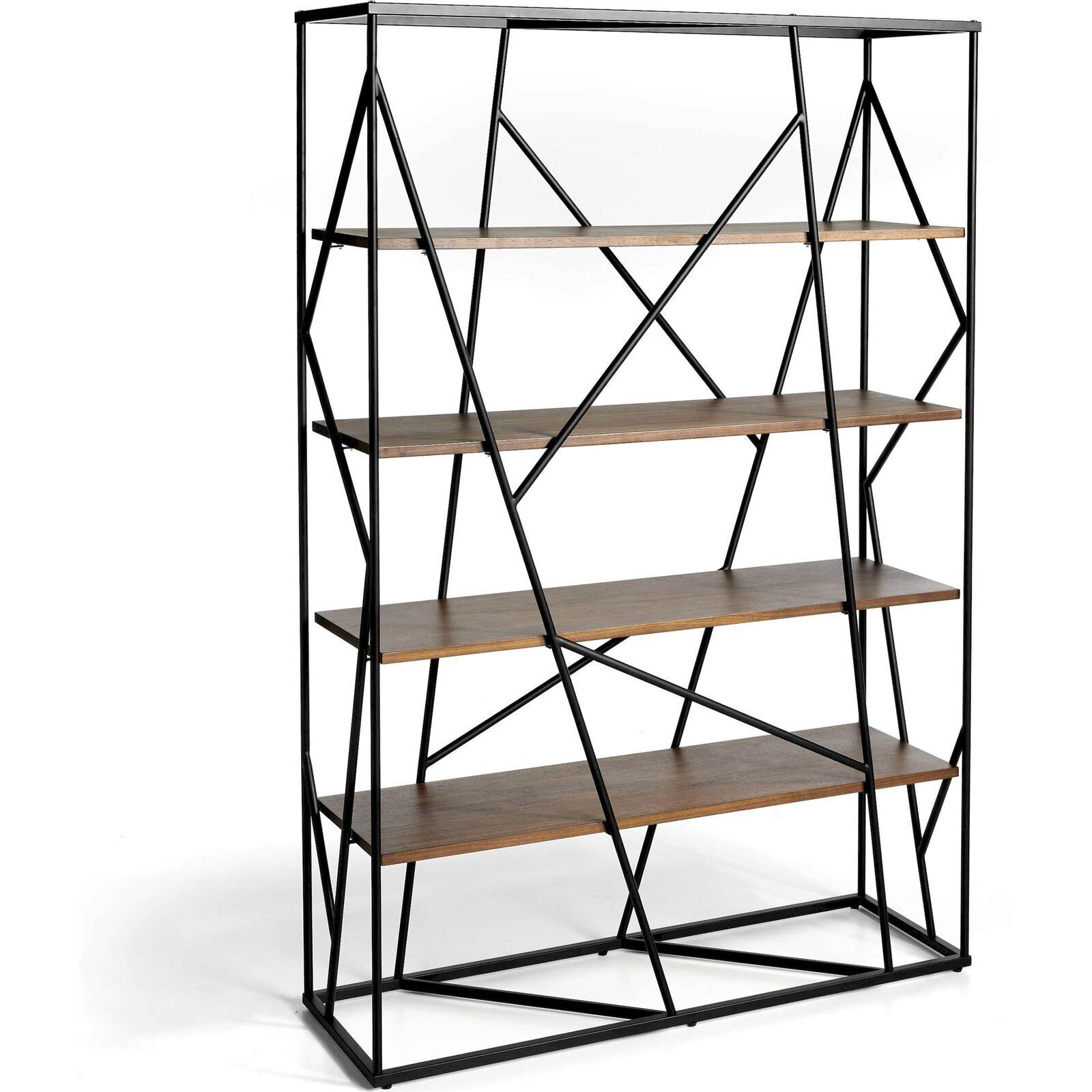 Bibliothèque Design Géométrique: Étagères Bois Et Métal - Noyer, Foncé