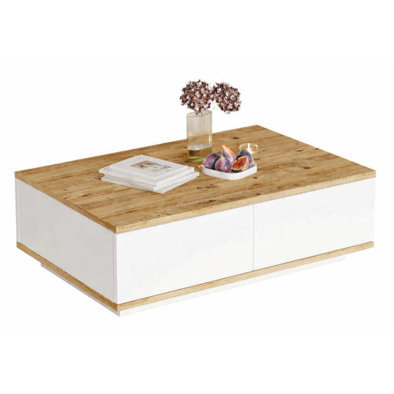 Table Basse Beaux Meubles Pas Chers 2 Abattants 2 Niches 90 X 60 X 28,6 Cm Chêne Blanc Panneaux Mélaminés