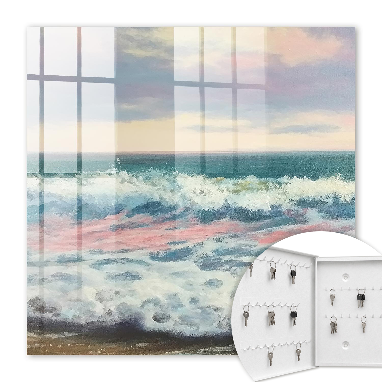 Armoire À Clés - (30 Cm X 30 Cm) - Boîte À Clés Murale - Coffret De Rangement Pour Clés - Couleur Blanche - Ouverture Vers La Gauche - Pour Maison Et Bureau - Paysage Marin