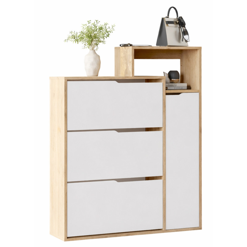 Meuble Entrée Chaussures Beaux Meubles Pas Chers 3 Abattants 1 Porte 4 Niches Chêne Blanc Mélaminé