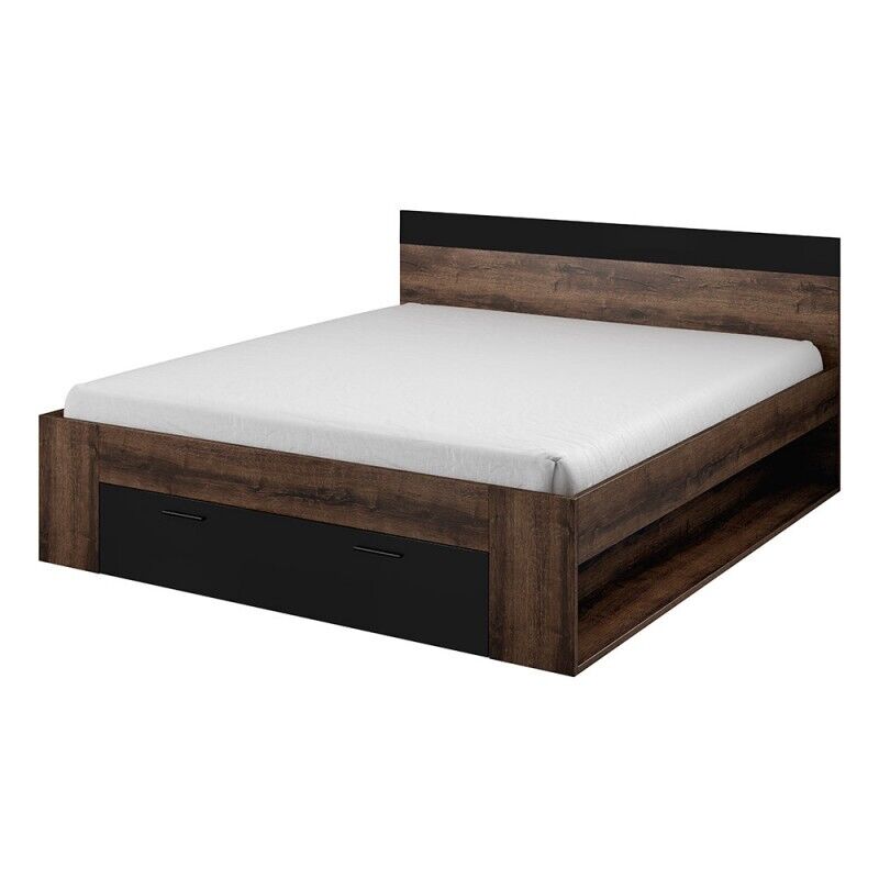 Lit Adulte 180x200 Avec Tiroirs Intégrés - Collection Eos. Coloris Chêne Foncé Et Noi
