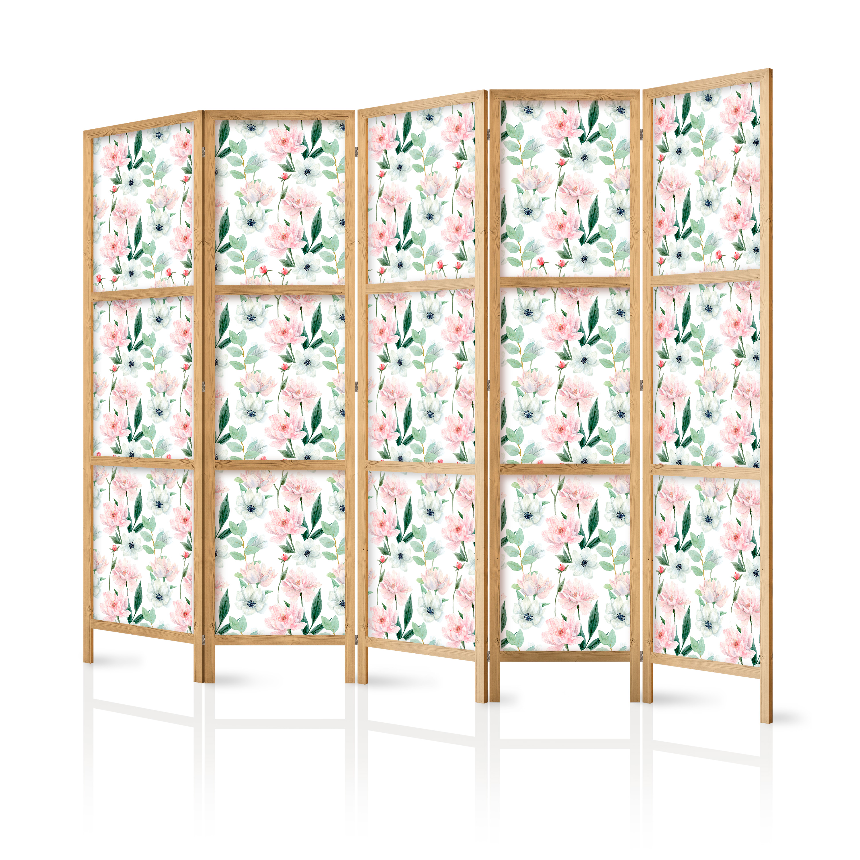 Paravent Japonais -fleurs Roses Et Blanches Et Feuilles Vertesblanc 225x172