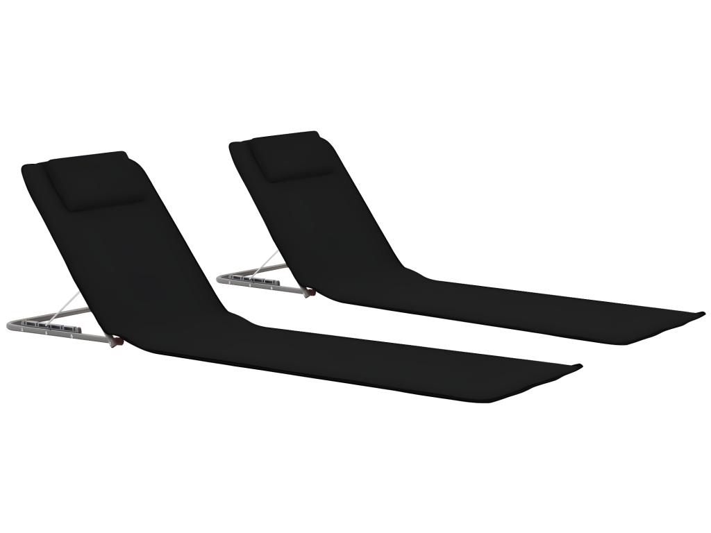 Tapis De Plage Chaise Longue Pliables 2 Pièces Acier Et Tissu Noir 02_0012185