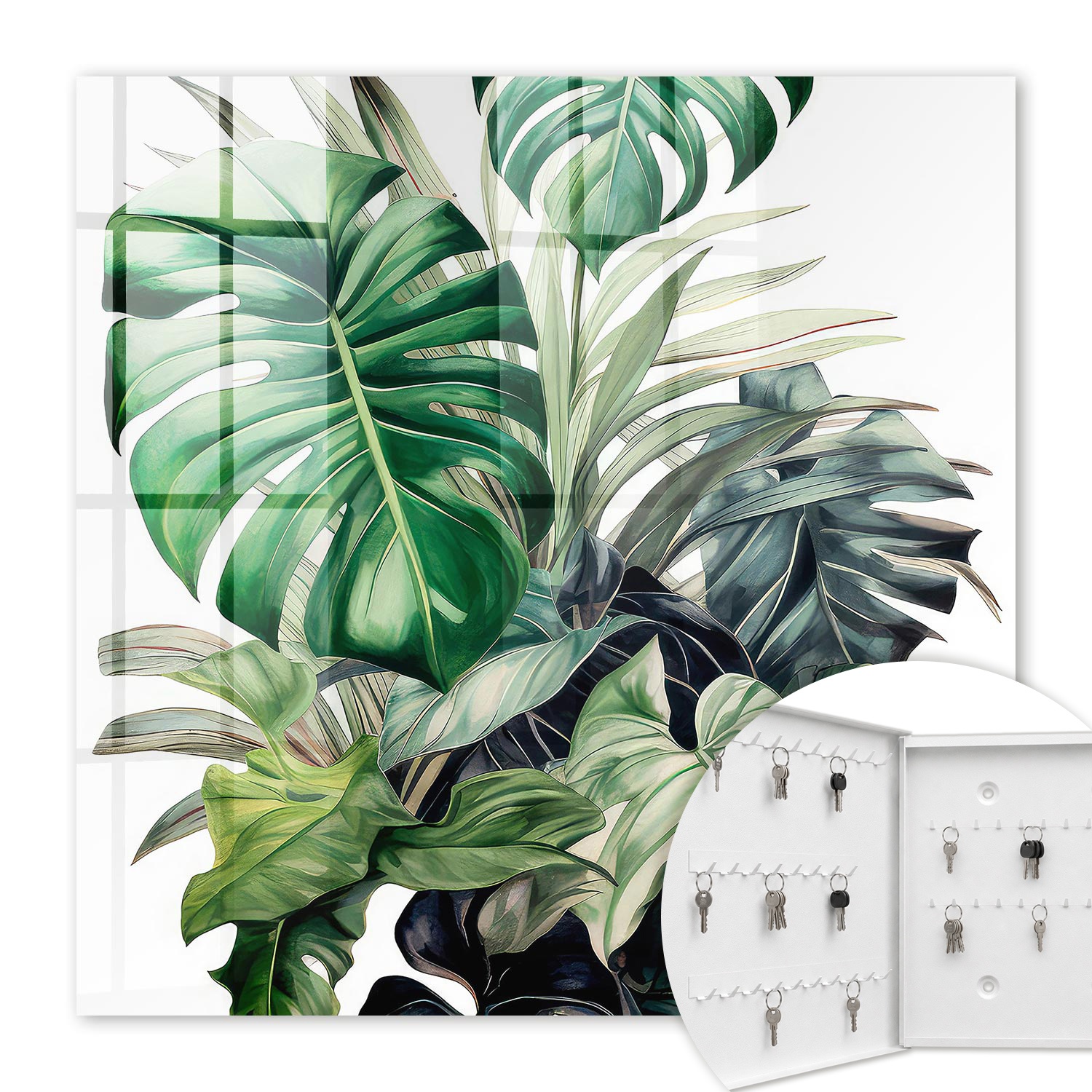 Armoire À Clés - (30 Cm X 30 Cm) - Boîte À Clés Murale - Coffret De Rangement Pour Clés - Couleur Blanche - Ouverture Vers La Gauche - Pour Maison Et Bureau - Feuilles Exotiques