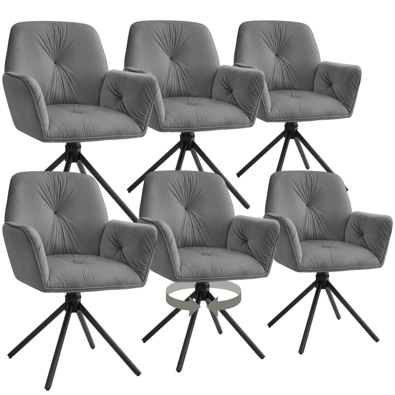 Lot De 6 Chaises Pivotantes 360° En Velours Rembourré Anthracite/noir