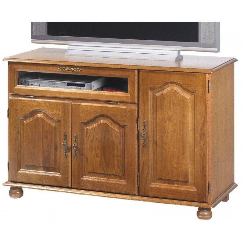 Beaux Meubles Pas Chers - Meuble Tv 55 Pouces Chêne 3 Portes 1 Abattant 6 Niches L120.6 H 77 P 46.5 Cm - Marron