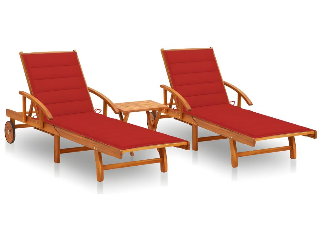 Lot De 2 Transats Chaise Longue Bain De Soleil Lit De Jardin Terrasse Meuble D'extérieur Avec Table Et Coussins Acacia S