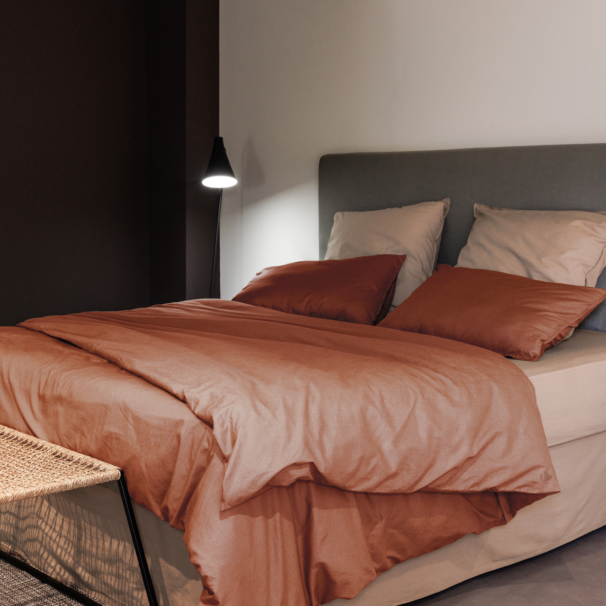 Parure De Lit 200x200 Cm Et 65x65 Cm Coton Lavé Palace Marron Terre Cuite 3 Pièces