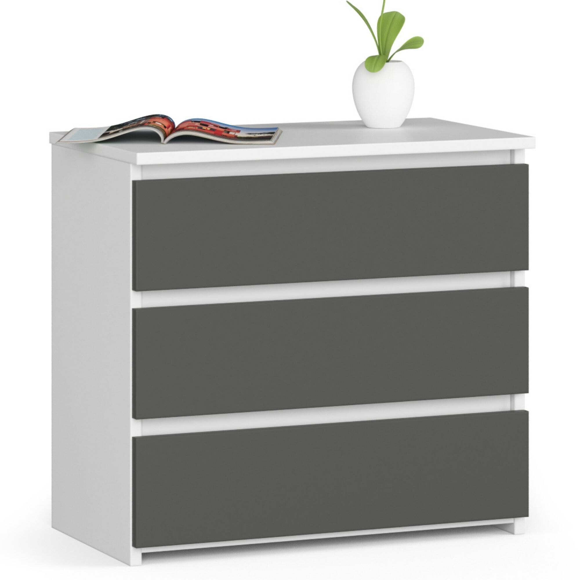 Table De Chevet Akord Blanche 60 Cm 3 Tiroirs Façade Gris Graphite 60x35x57 Cm
