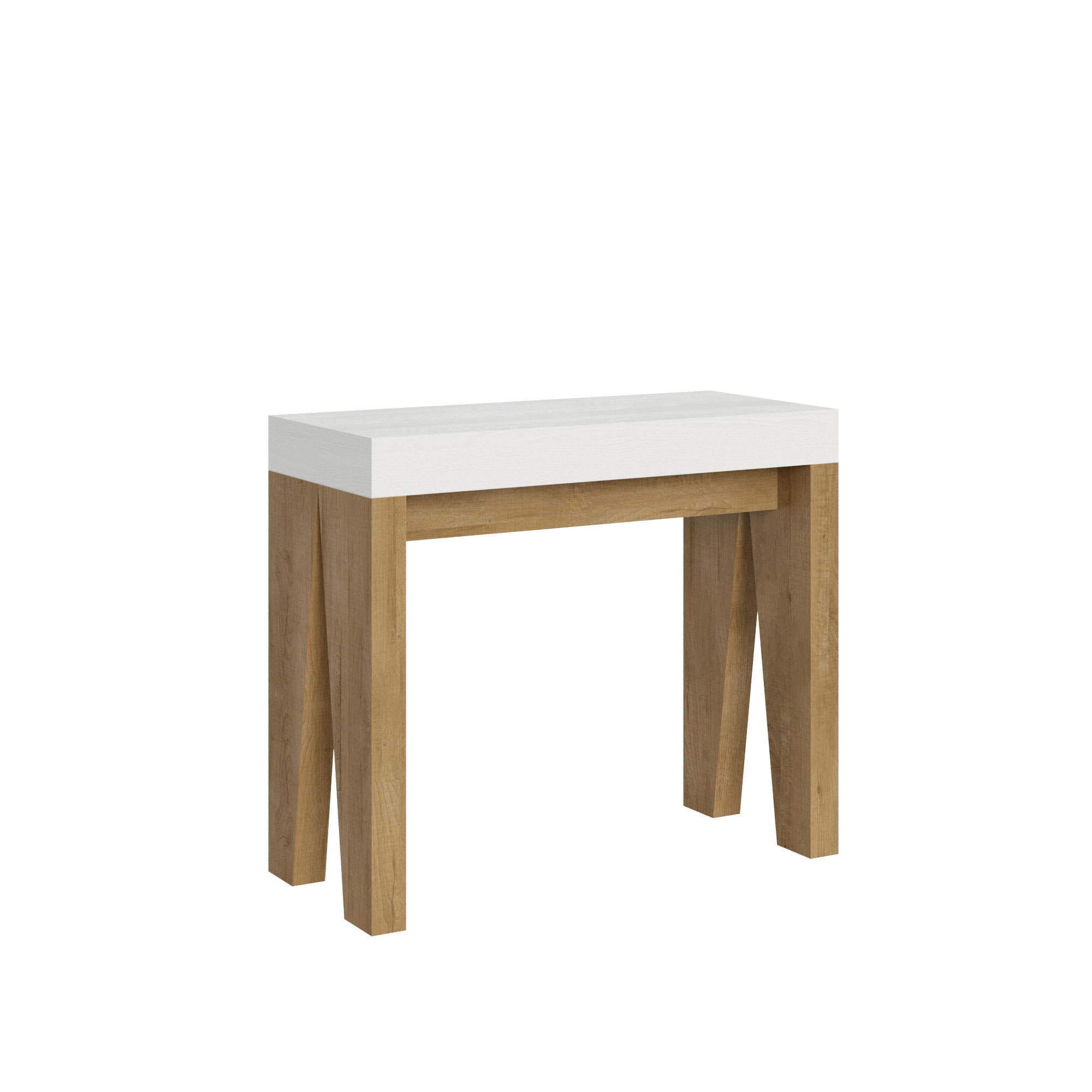 Console Extensible 90x40/196 Cm Naxy Mix Petit Plateau Frêne Blanc Structure Chêne Nature