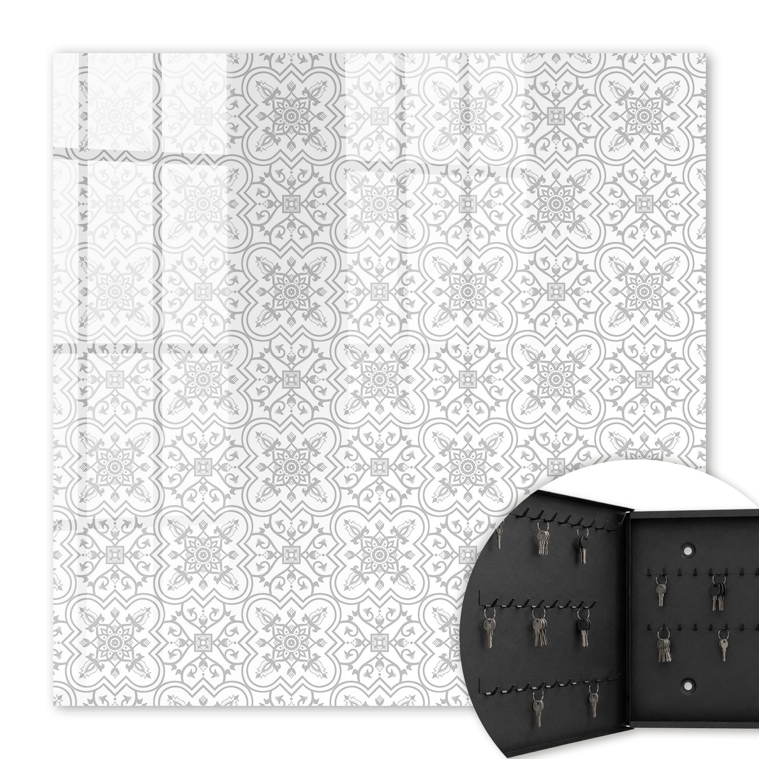 Armoire À Clés - (30 Cm X 30 Cm) - Boîte À Clés Murale - Coffret De Rangement Pour Clés - Couleur Noire - Ouverture Vers La Gauche - Pour Maison Et Bureau - Motif Géométrique