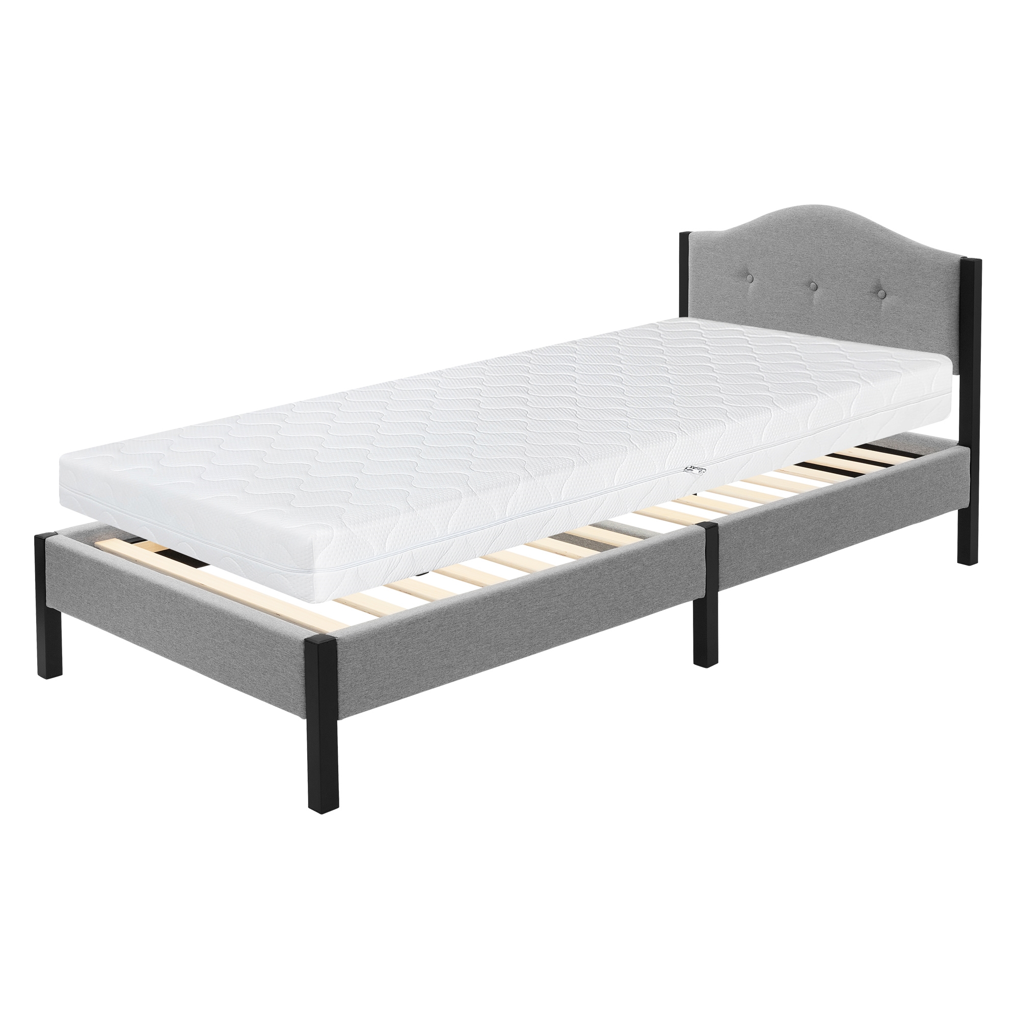Ml-design Lit Rembourré 90x200cm Avec Matelas H16cm Gris Cadre De Lit Simple Avec Sommier À Lattes Et Têtière Capitonné En Tissu De Lin Structure Robuste En Acier Mobilier Pour Chambre À Coucher