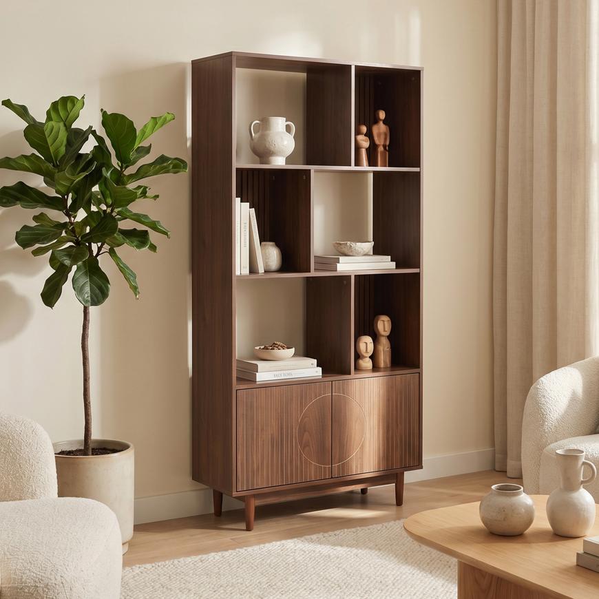 Sicaan Bibliothèque Scandinave H.180cm, 2 Portes Et 6 Niches Finition Noyer - Lila