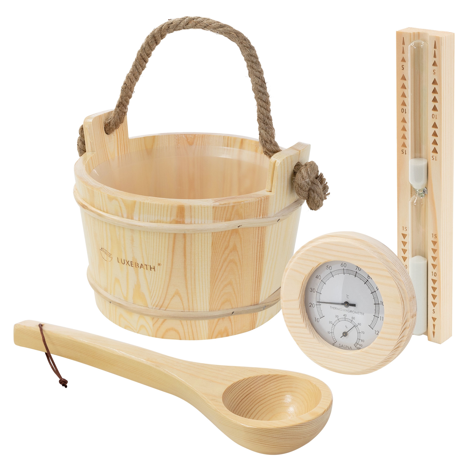 Luxebath Kit Accessoires Sauna 4 Pièces En Bois De Pin, Seau 4l Avec Louche Sablier 15 Min, Thermo-hygromètre, Anse En Corde Naturelle, Insert Intérieur Protecteur, Set Complet Robuste, Rustique