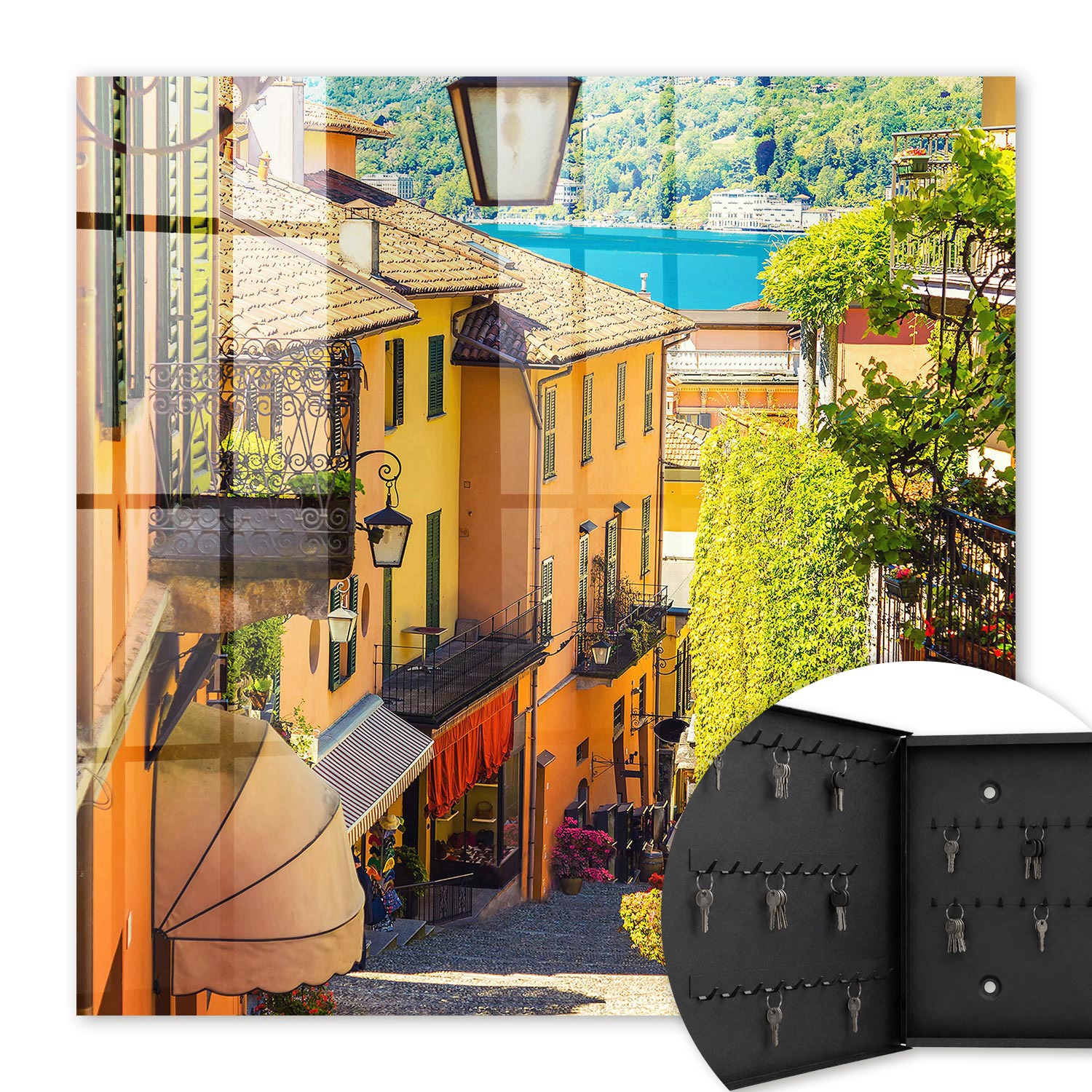 Armoire À Clés - (30 Cm X 30 Cm) - Boîte À Clés Murale - Coffret De Rangement Pour Clés - Couleur Noire - Ouverture Vers La Gauche - Pour Maison Et Bureau - Une Ville Colorée