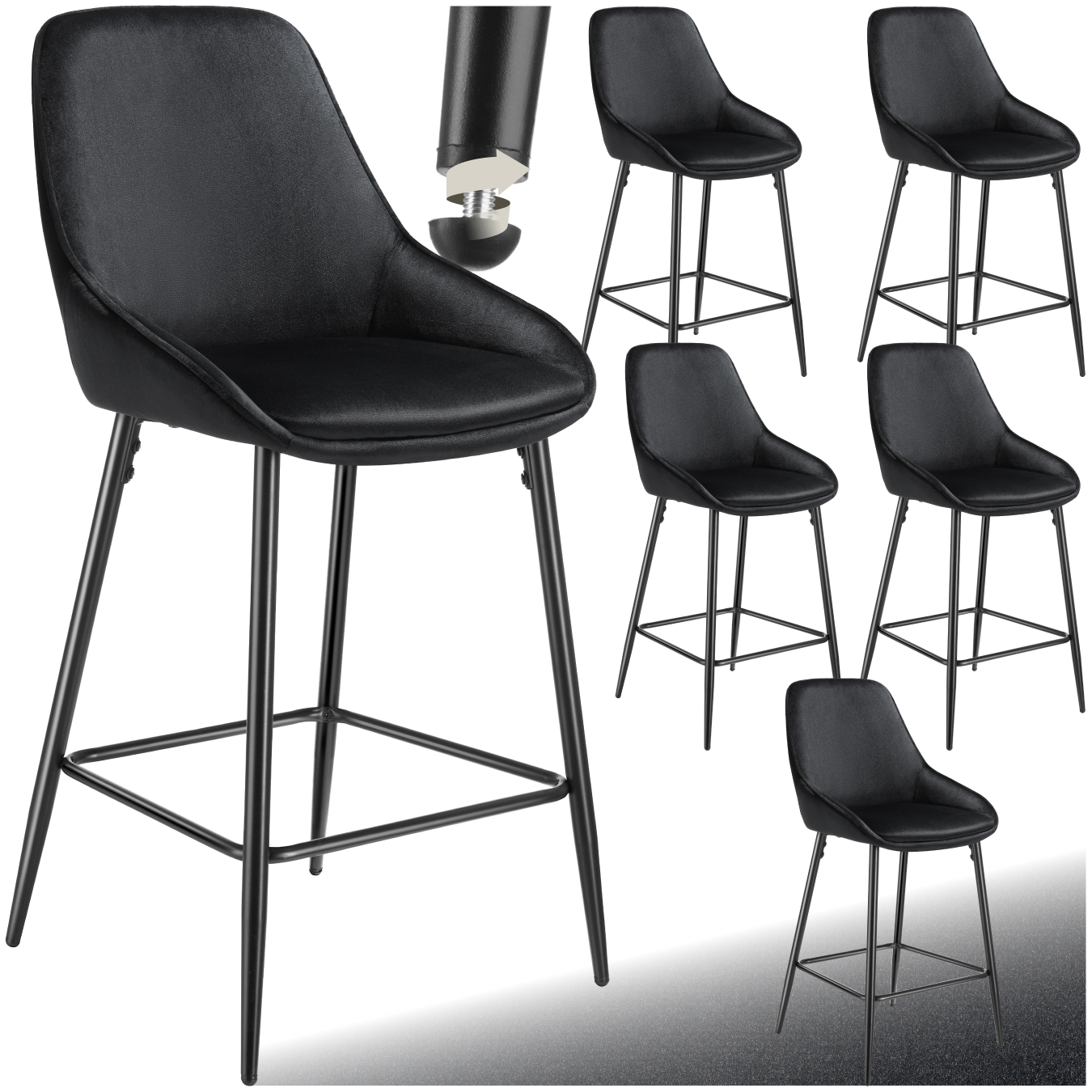 Lot 6 Chaises De Bar Dossier Aspect Velours Et Repose-pieds Noir