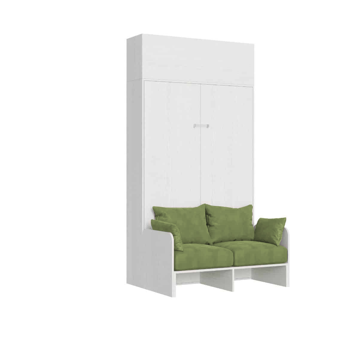 Lit Double Escamotable Français Kentaro 140 Cm Avec Canapé Et Élément Mural En Frêne Blanc, Vert
