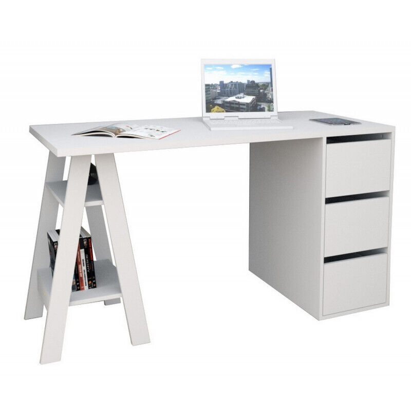 Bureau Beaux Meubles Pas Chers Self 3 Tiroirs Blanc Panneaux De Particules