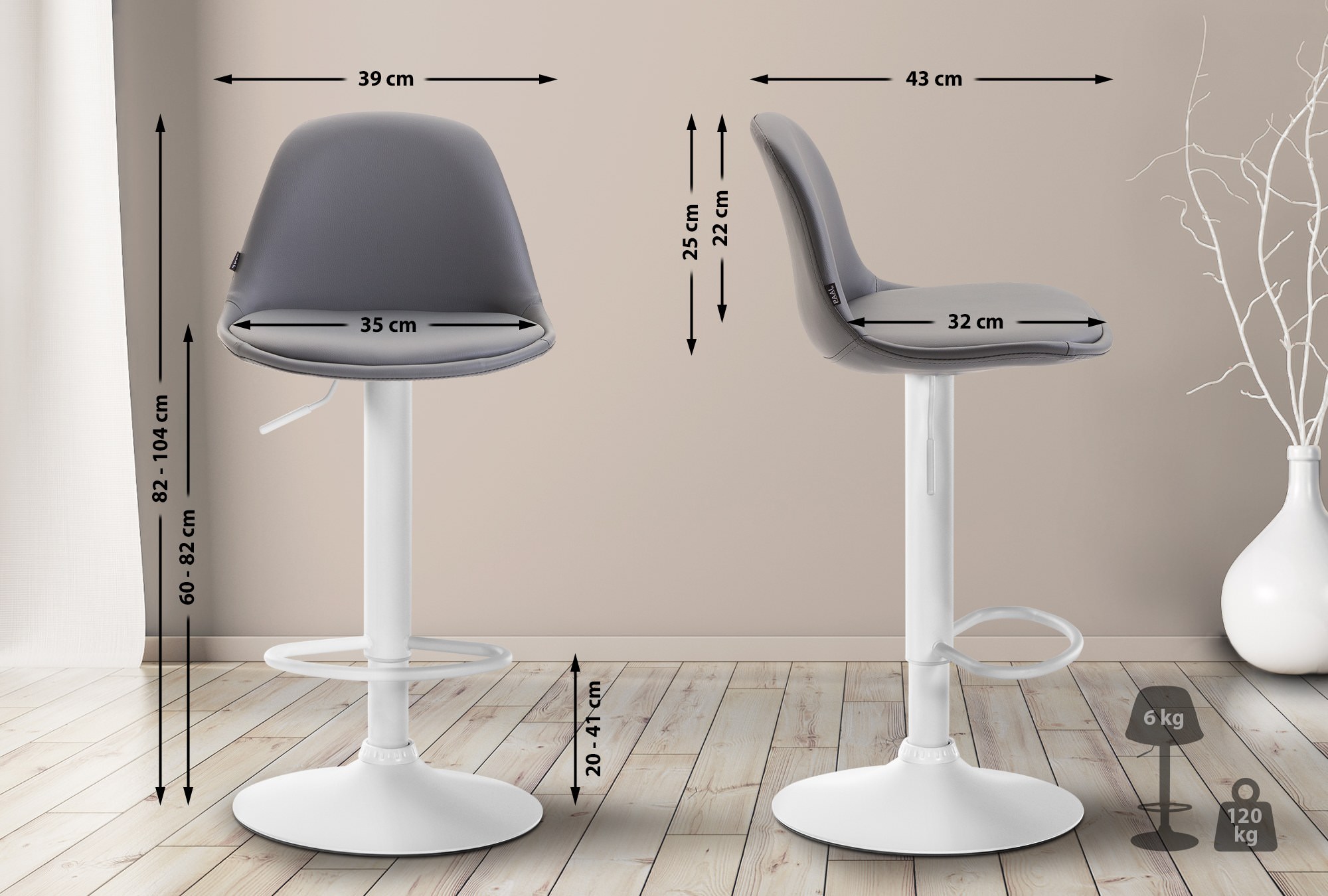 Tabouret De Bar Kiel Entièrement Rembourré En Simili Cuir Blanc Gris