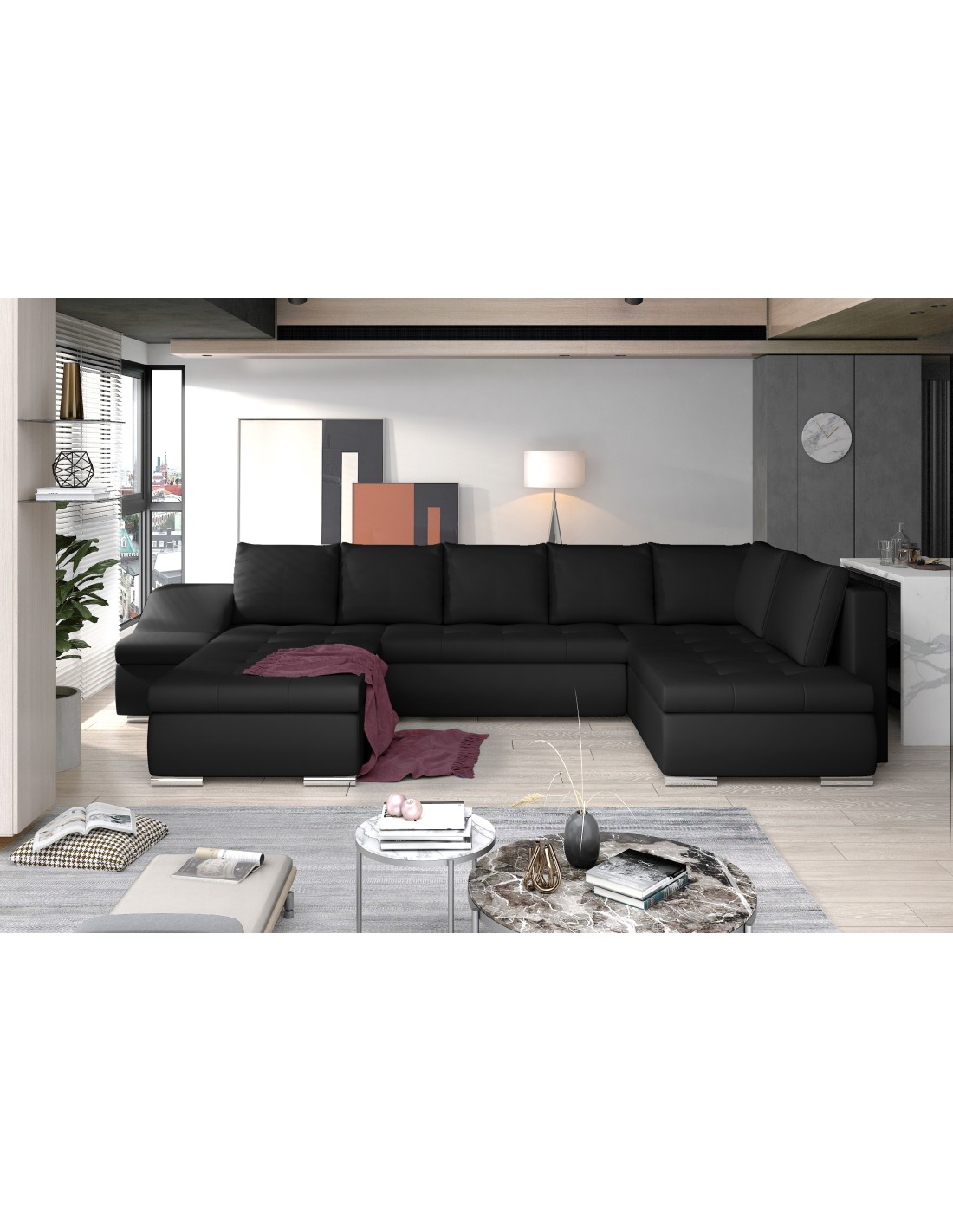 Canapé Panoramique Gyovani Noir Angle Gauche Convertible Couchage 140x294cm
