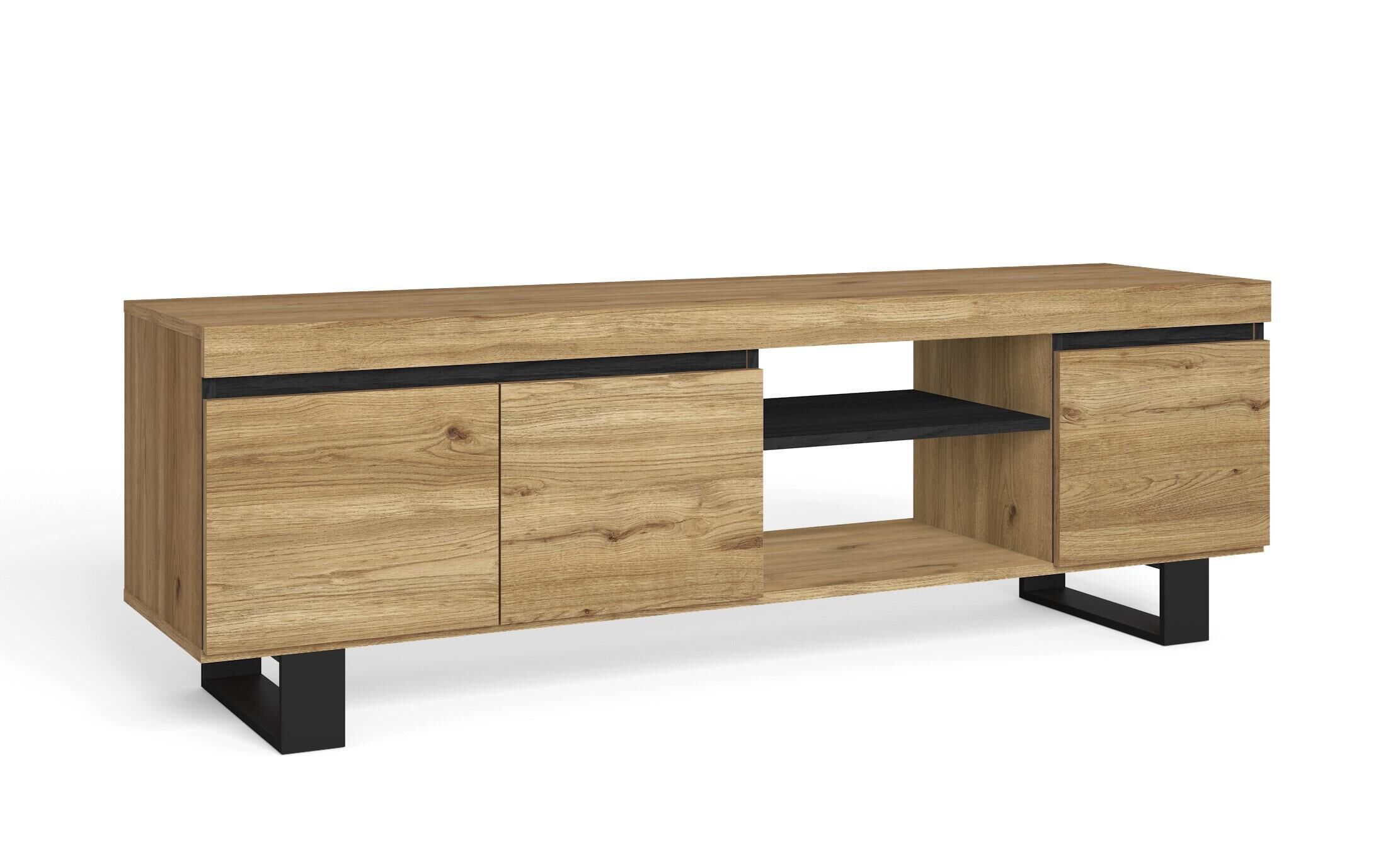 Meuble Tv, 160x40x53cm, Modèle Naturale Chêne Et Noir, 2 Portes Et 2 Logements