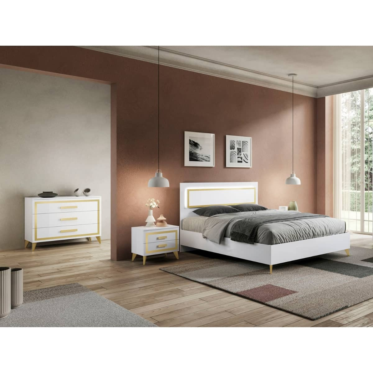 Jemma - Chambre 160x200cm Blanche Et Décor Doré Lit Avec Leds + 2 Chevets + Commode