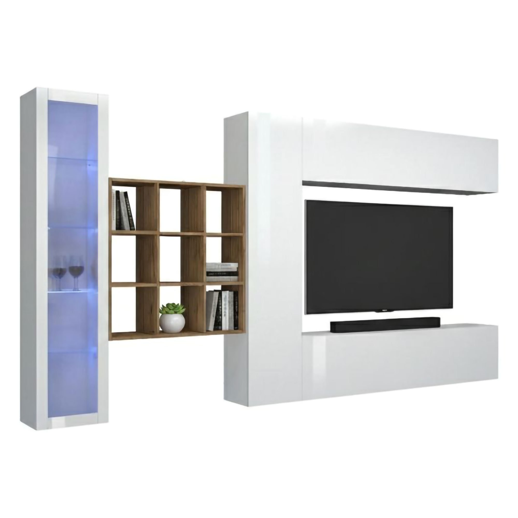 Élément Mural Dcolle, 310x30h180 Cm, Blanc Brillant Et Érable
