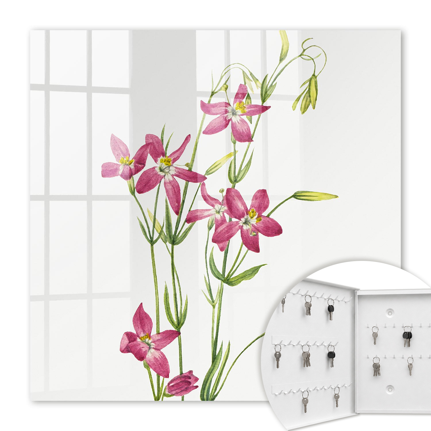 Armoire À Clés - (30 Cm X 30 Cm) - Boîte À Clés Murale - Coffret De Rangement Pour Clés - Couleur Blanche - Ouverture Vers La Gauche - Pour Maison Et Bureau - Fleurs Roses