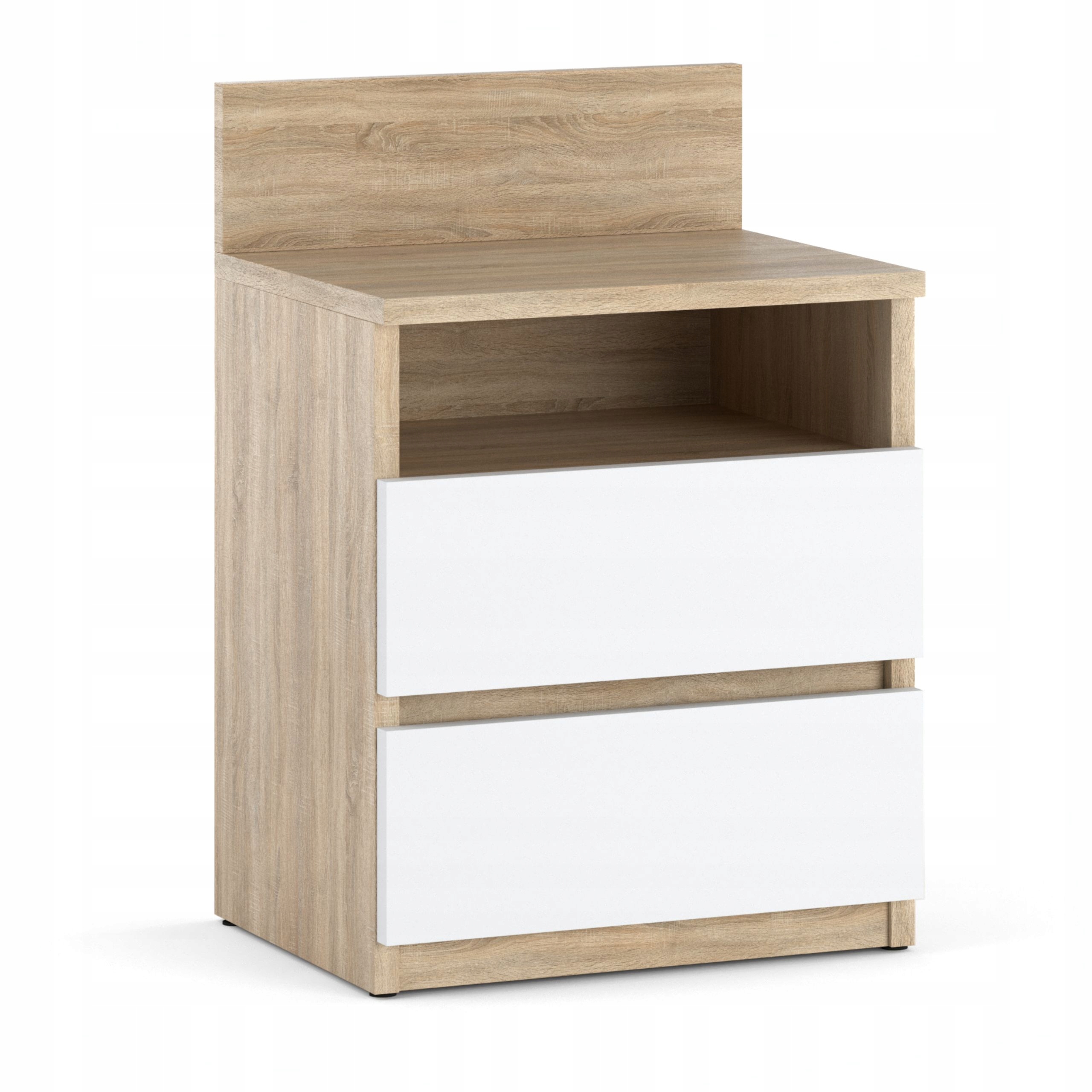 Grande Table De Chevet En Chêne Sonoma, Finition Blanche Mate, 40 Cm, 2 Tiroirs, 1 Étagère 40 X 32 X 59 Cm