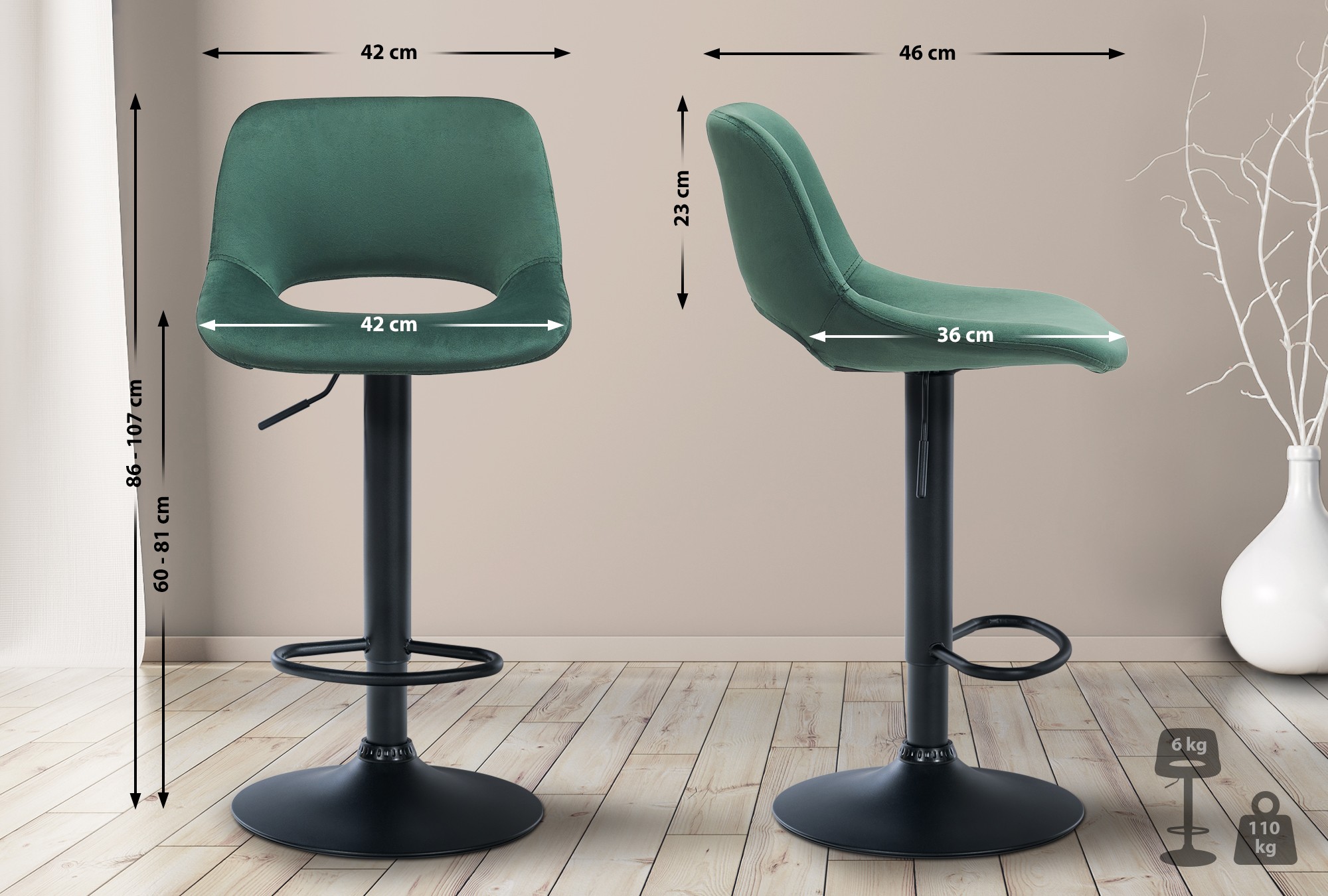 Tabouret De Bar Camden Velours Noir Vert