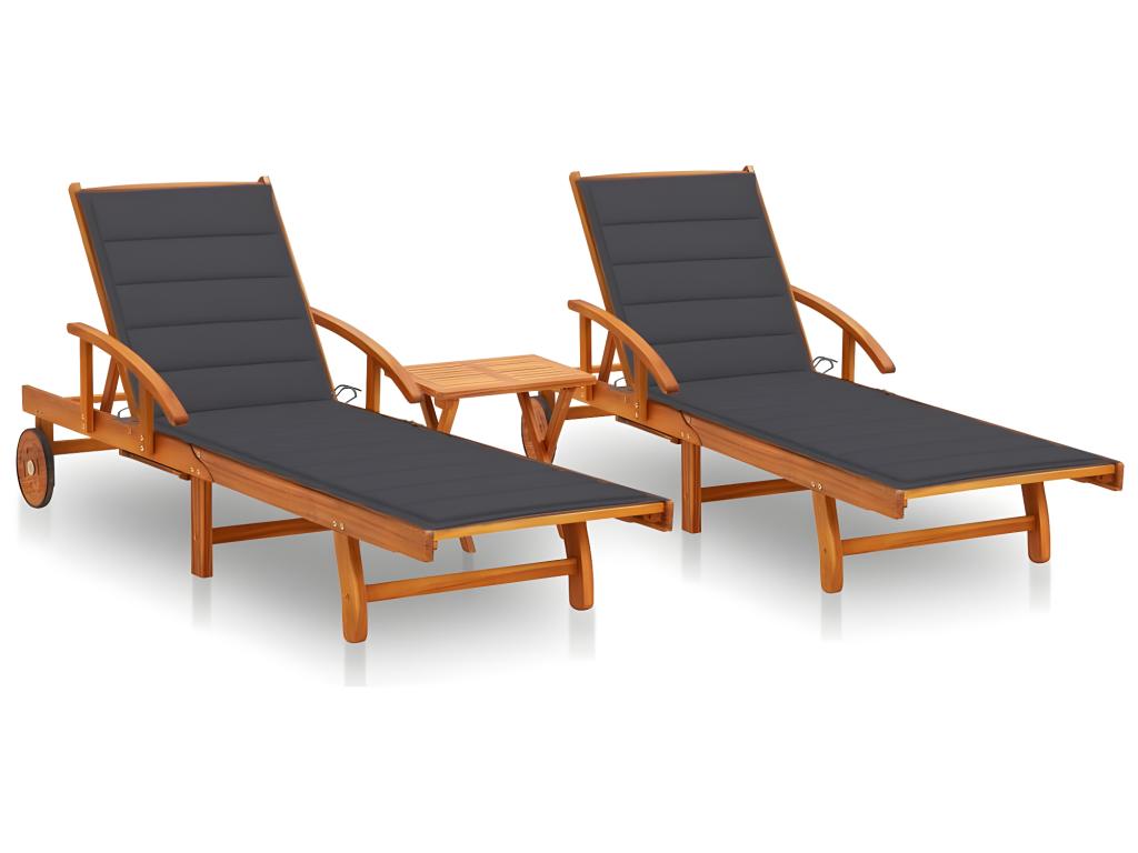 Lot De 2 Transats Chaise Longue Bain De Soleil Lit De Jardin Terrasse Meuble D'extérieur Avec Table Et Coussins Acacia S