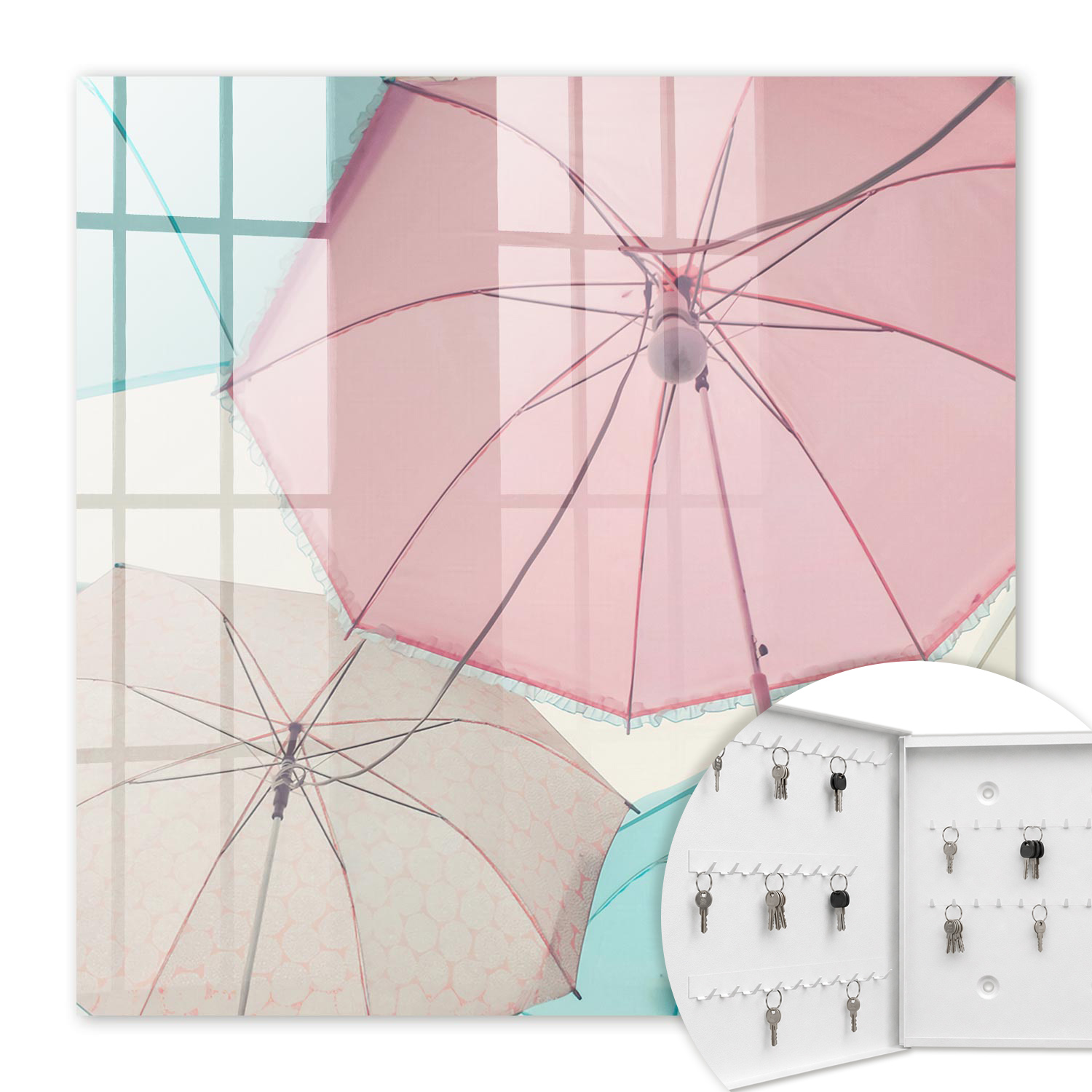 Armoire À Clés - (30 Cm X 30 Cm) - Boîte À Clés Murale - Coffret De Rangement Pour Clés - Couleur Blanche - Ouverture Vers La Gauche - Pour Maison Et Bureau - Parapluies Pastel