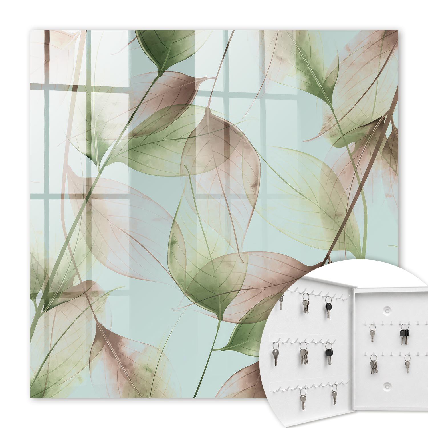 Armoire À Clés - (30 Cm X 30 Cm) - Boîte À Clés Murale - Coffret De Rangement Pour Clés - Couleur Blanche - Ouverture Vers La Gauche - Pour Maison Et Bureau - Feuilles De La Nature