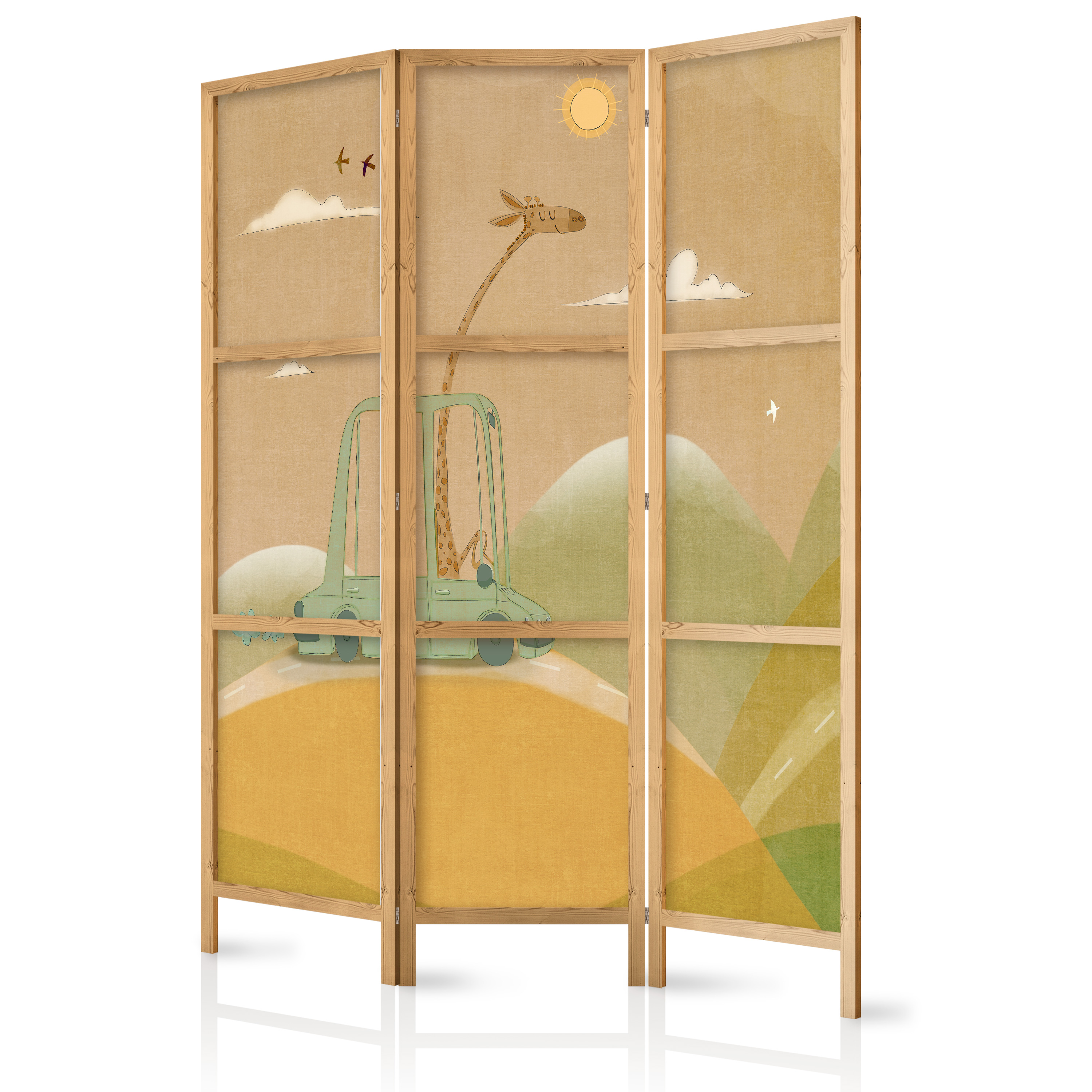 Paravent Japonais - Girafe Conduisant Une Voiture Par Une Belle Journée Ensoleillée. 135x172