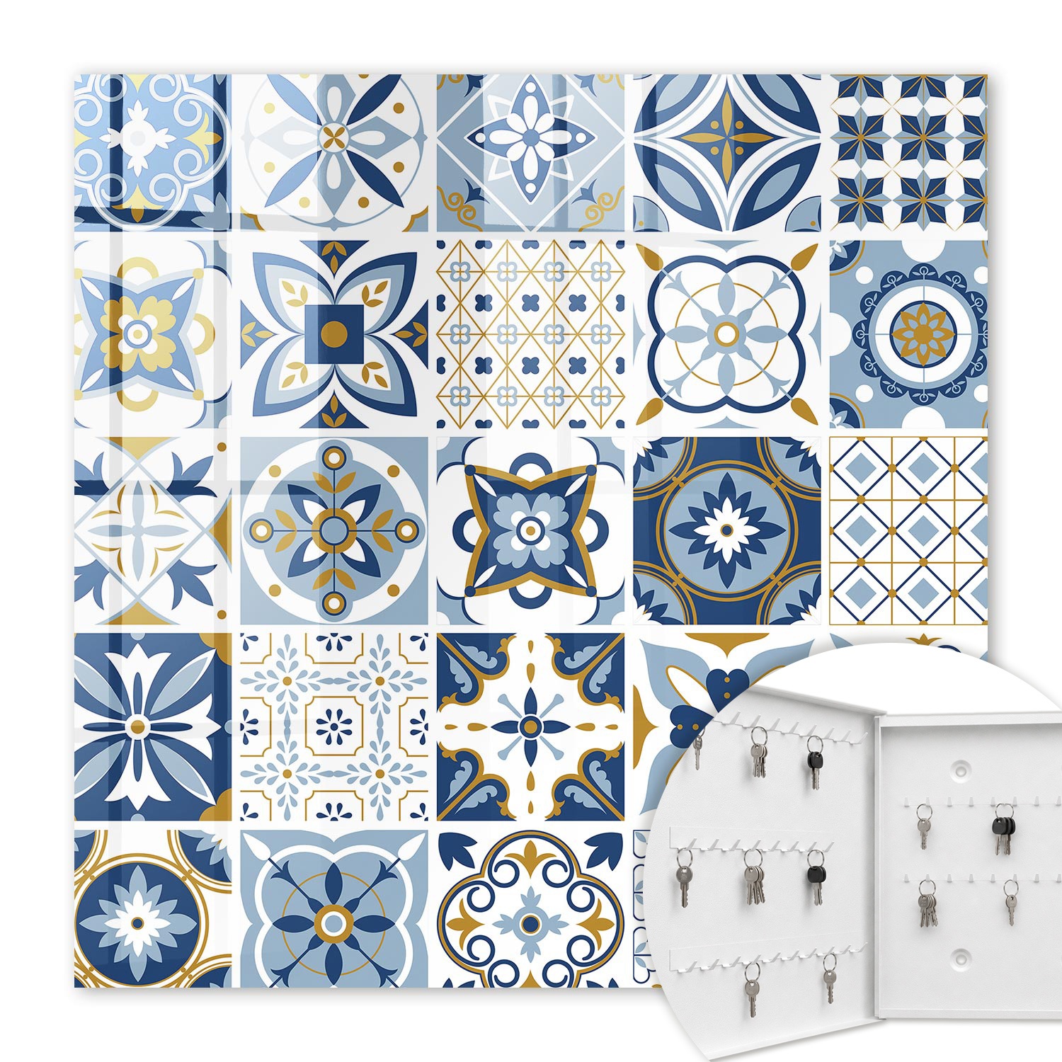 Armoire À Clés - (30 Cm X 30 Cm) - Boîte À Clés Murale - Coffret De Rangement Pour Clés - Couleur Blanche - Ouverture Vers La Gauche - Pour Maison Et Bureau - Carreaux Colorés