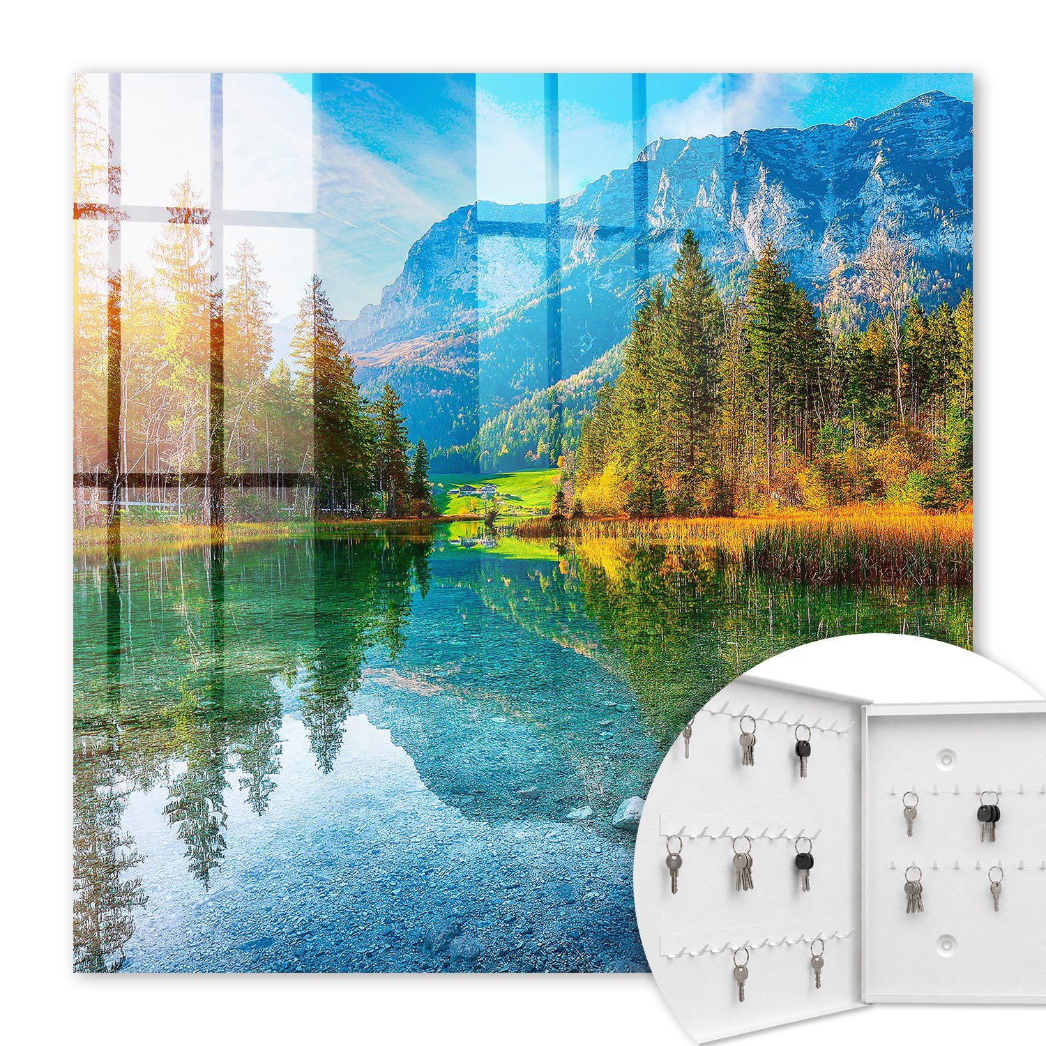 Armoire À Clés - (30 Cm X 30 Cm) - Boîte À Clés Murale - Coffret De Rangement Pour Clés - Couleur Blanche - Ouverture Vers La Gauche - Pour Maison Et Bureau - Paysage De Montagne