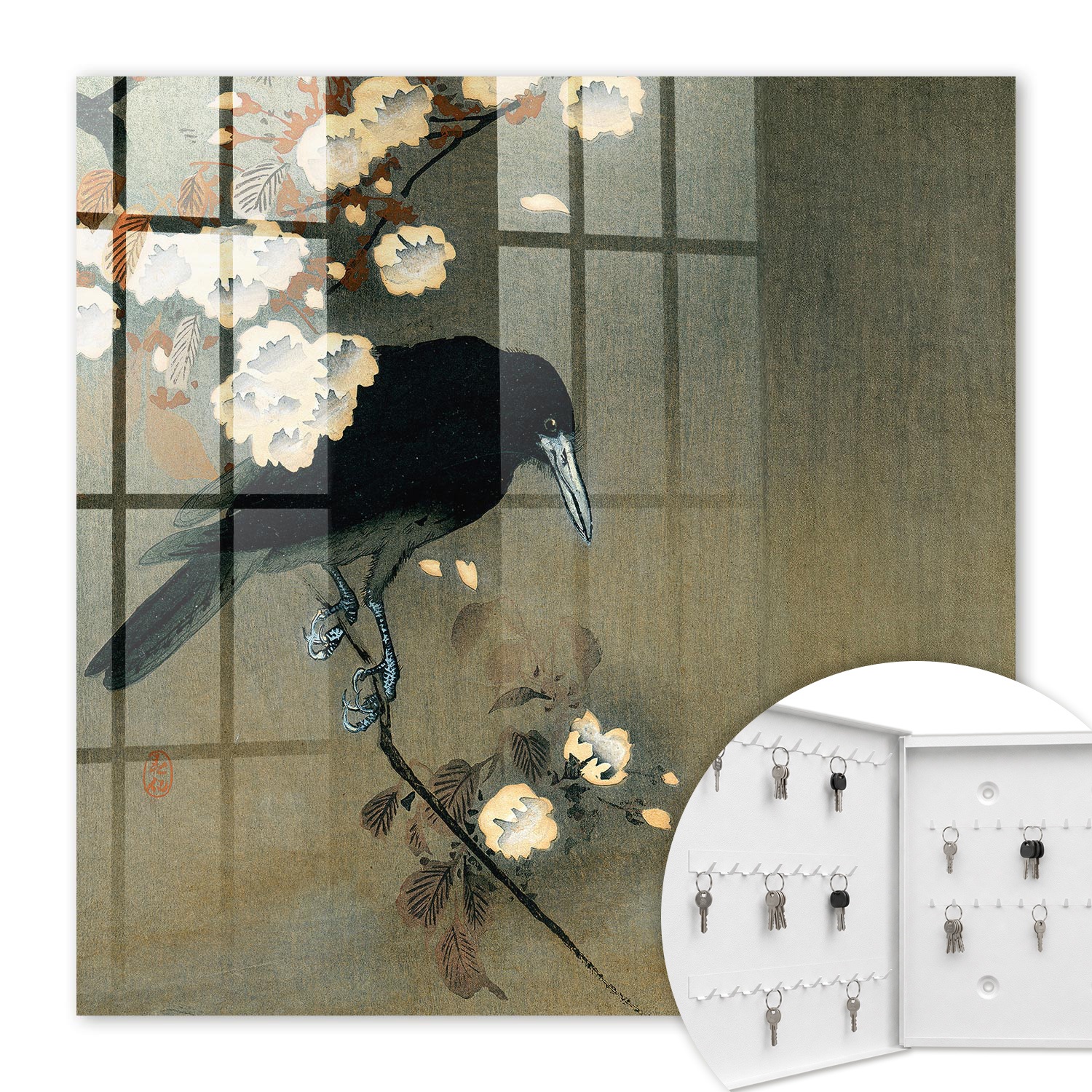 Armoire À Clés - (30 Cm X 30 Cm) - Boîte À Clés Murale - Coffret De Rangement Pour Clés - Couleur Blanche - Ouverture Vers La Gauche - Pour Maison Et Bureau - Ohara Koson Le Corbeau Et Les Cerisiers E