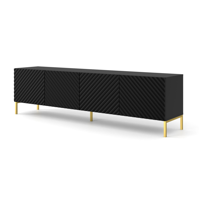 Meuble Tv À 4 Portes Avec Cadre Doré "surf" - Noir Mat - L 200 Cm