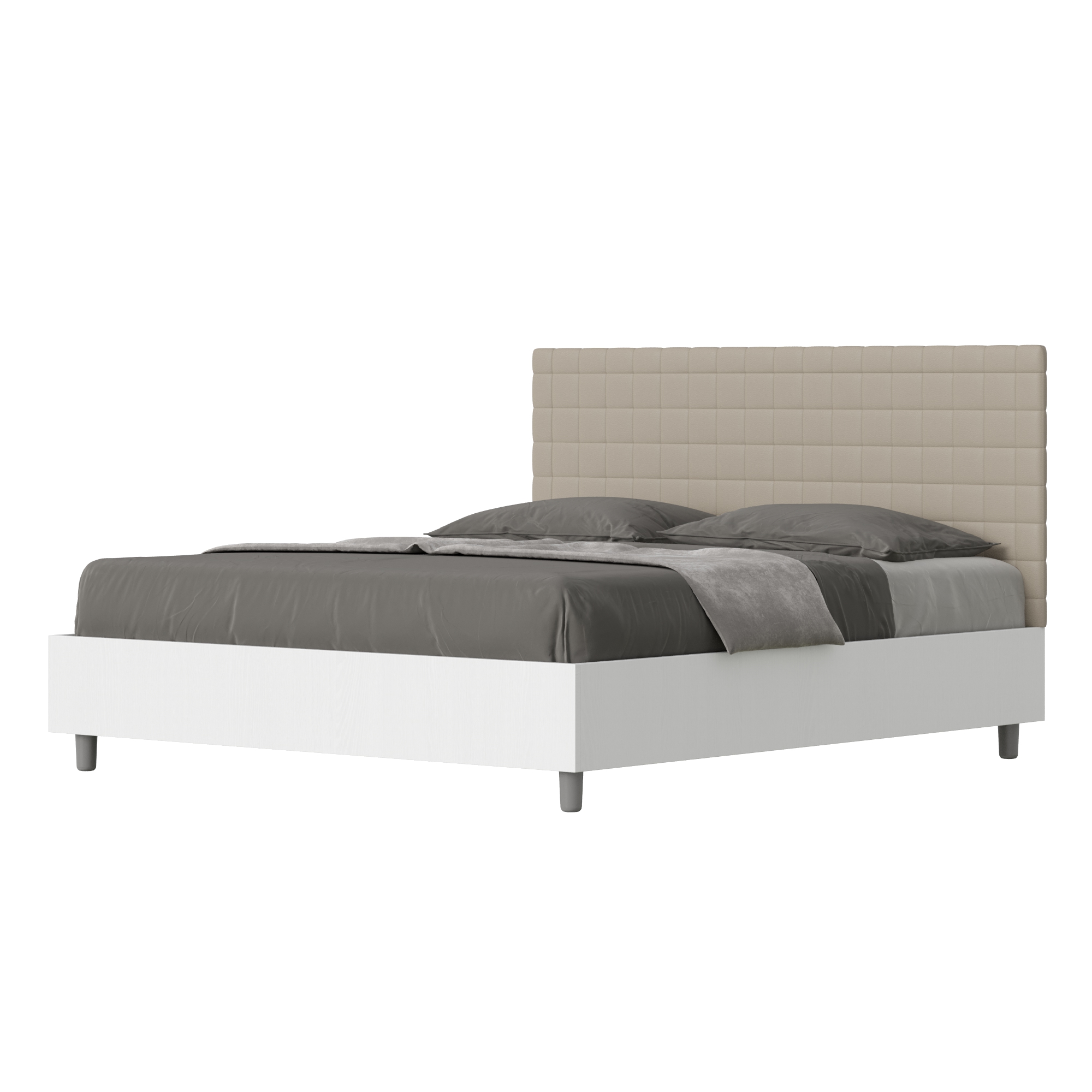Lit Sans Sommier 160x190 Structure Frêne Blanc Tête De Lit Similicuir Taupe Burmy