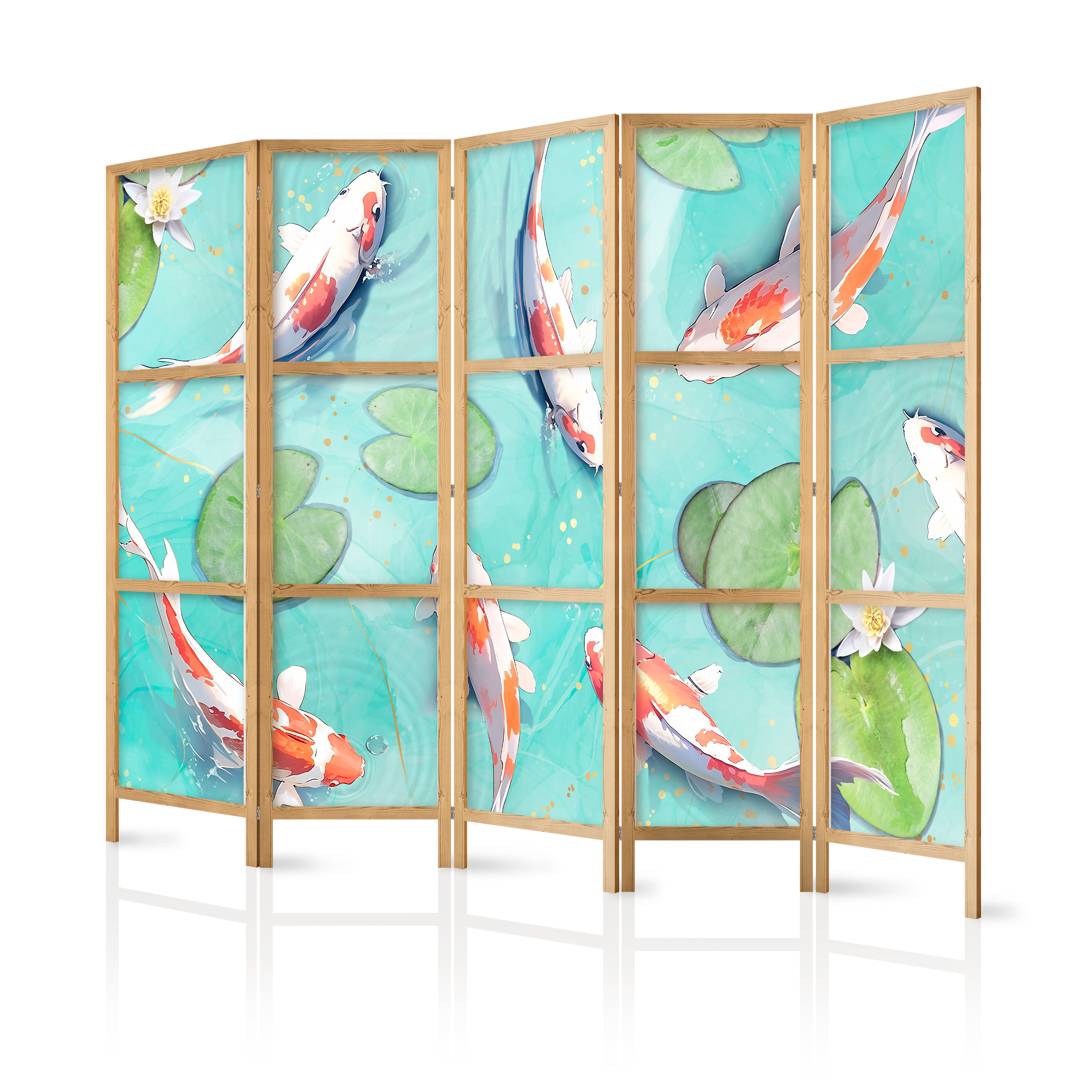 Paravent Japonais -poisson Koi Blanc-orange Avec Des Nénuphars 225x172
