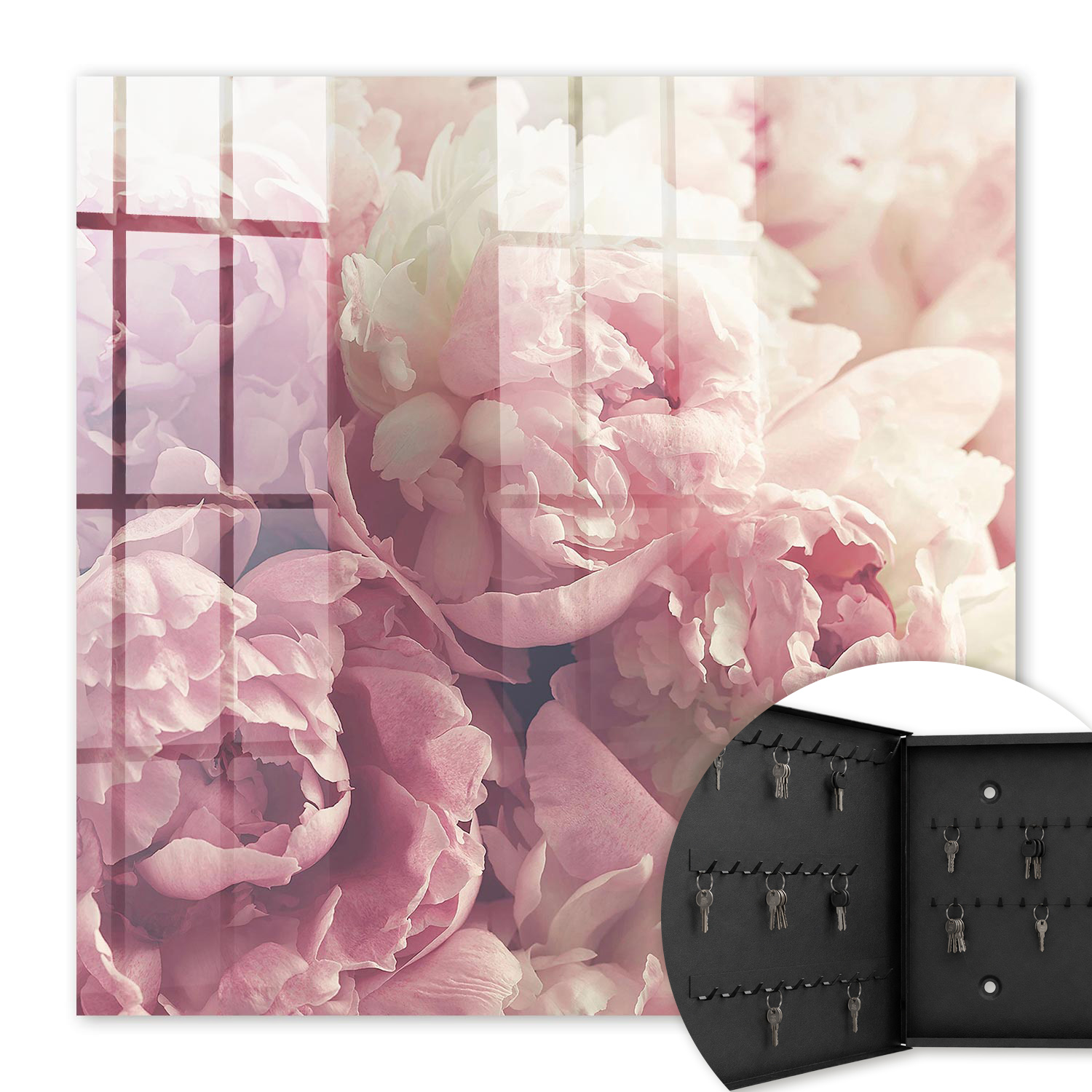 Armoire À Clés - (30 Cm X 30 Cm) - Boîte À Clés Murale - Coffret De Rangement Pour Clés - Couleur Noire - Ouverture Vers La Gauche - Pour Maison Et Bureau - Fleurs De Pivoine